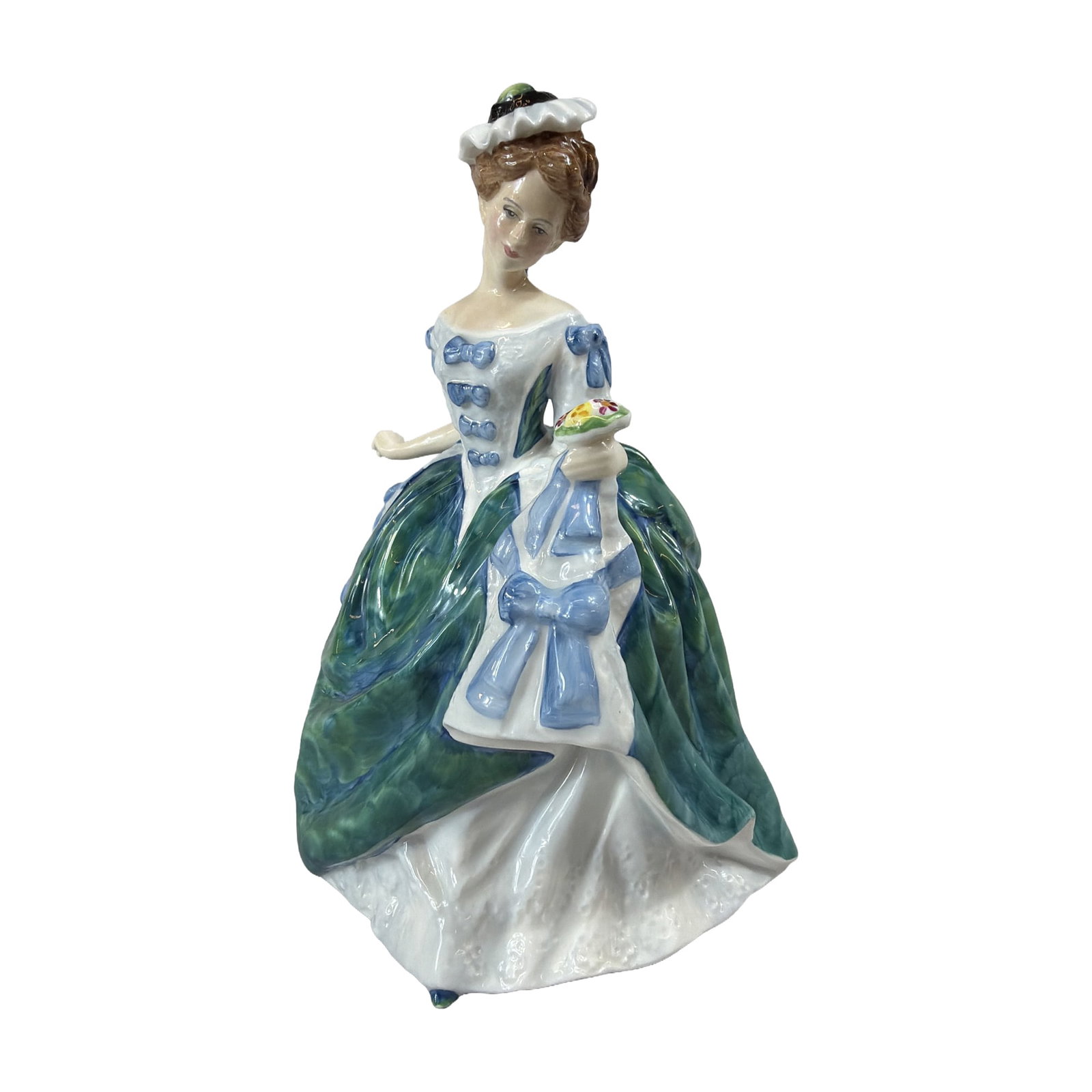 Royal Doulton Linda Bone China Figurine HN3374: Royal Doulton bone china figurine titled Linda, model HN 3374, modeled by Nada M. Pedley. The figure depicts a young woman in historical attire, featuring a white dress adorned with light blue bows, a