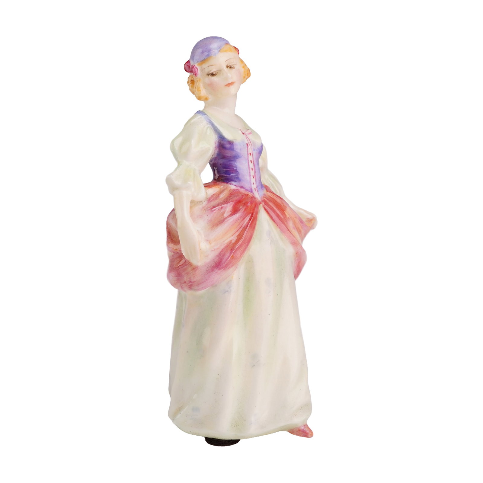 Royal Doulton Miniature Porcelain Figurine Denise M34: The polychrome glazed figurine depicts a young woman in 18th-century style attire. She wears a wide, layered skirt in variegated shades of pink, orange, and cream over a white underskirt. Her outfit i