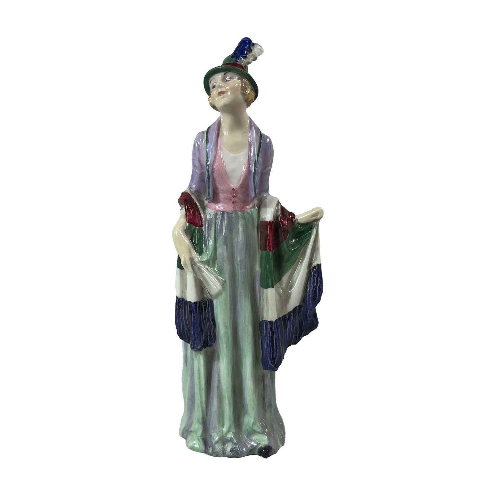 Royal Doulton Porcelain Figurine, Rosamund HN1320: The figure depicts a woman in early 20th-century fashion, standing with a tall green cloche-style hat accented with a red band and a blue and white feather plume. Her outfit consists of a lavender and