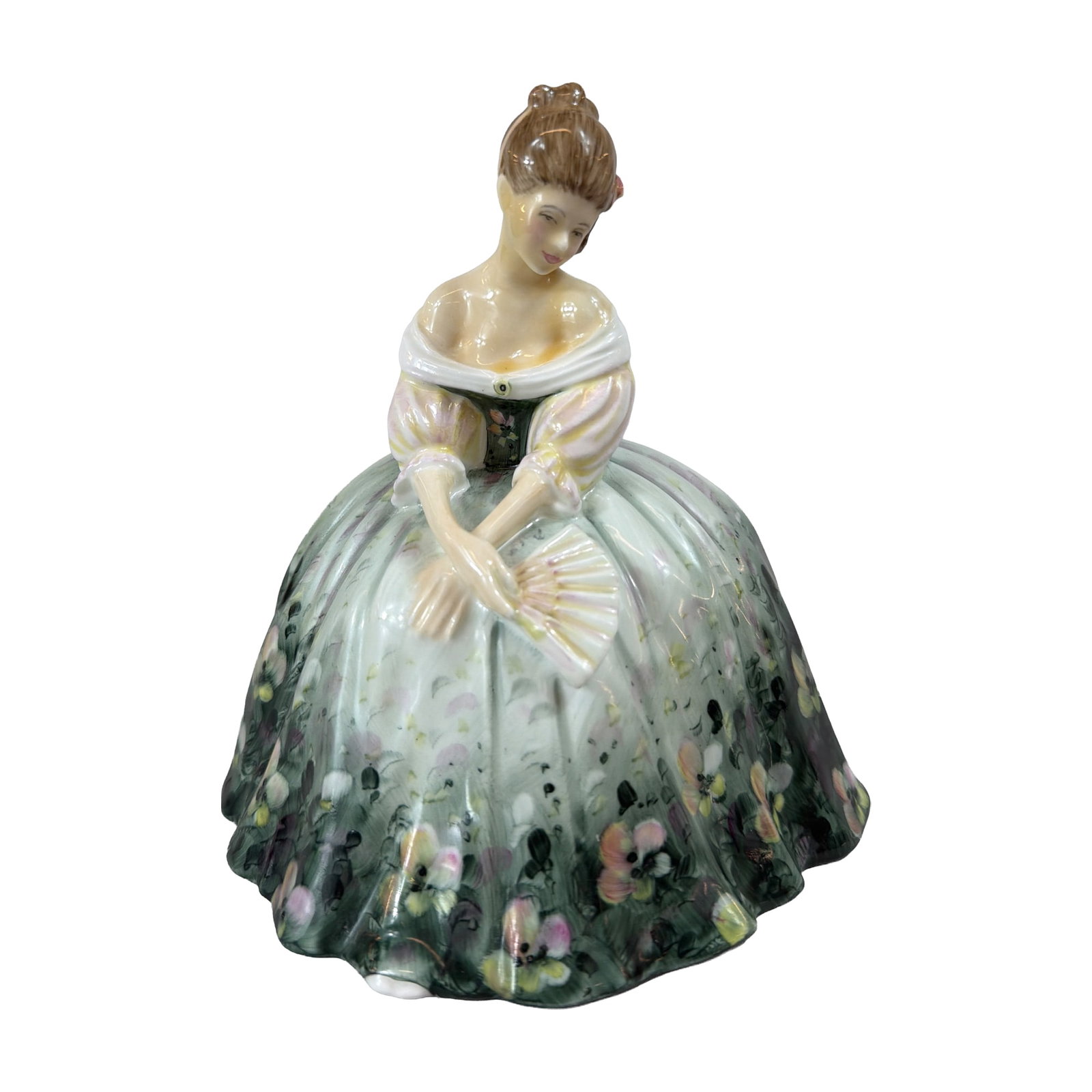 Royal Doulton Prototype Porcelain Figurine: Royal Doulton glazed porcelain figurine of a woman in a Victorian-style dress, featuring a white shawl and holding a fan. The voluminous skirt is decorated with a hand-painted floral pattern of pansie