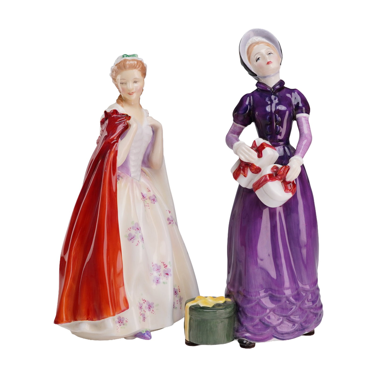 Two Royal Doulton Bone China Figurines, Bess HN2002 and Good Day Sir HN2896: The first figurine, titled Bess (model HN 2002), depicts a standing female figure wearing a wide-brimmed white cap and a cream dress decorated with small purple floral sprigs, holding a vibrant red-or