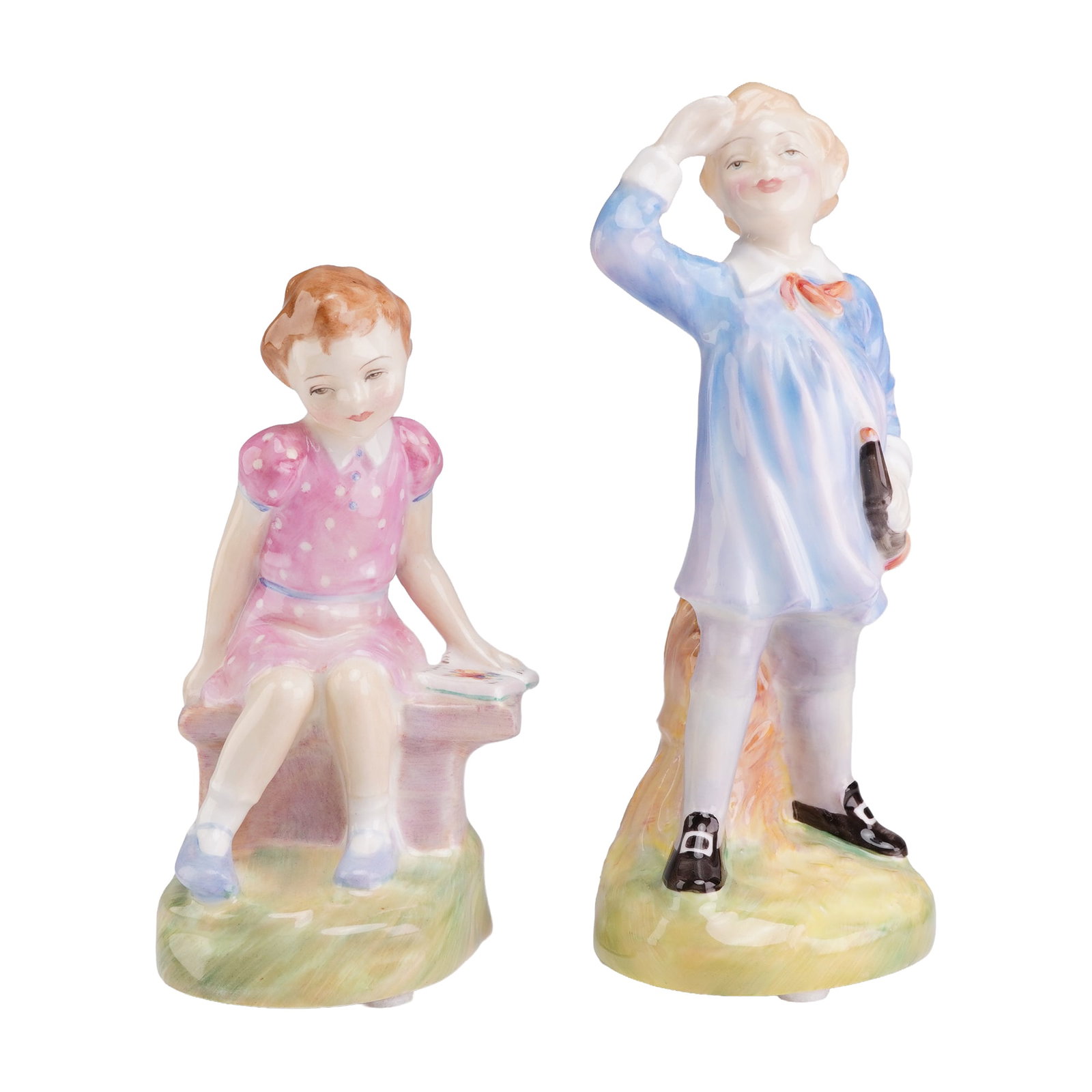 Two Royal Doulton Porcelain Figurines Once Upon a Time HN2047 and Little Boy Blue HN2062: This lot features two glazed bone china figurines manufactured by Royal Doulton. The first figurine, titled Once Upon a Time (HN 2047), depicts a young girl with auburn hair wearing a pink short-sleev