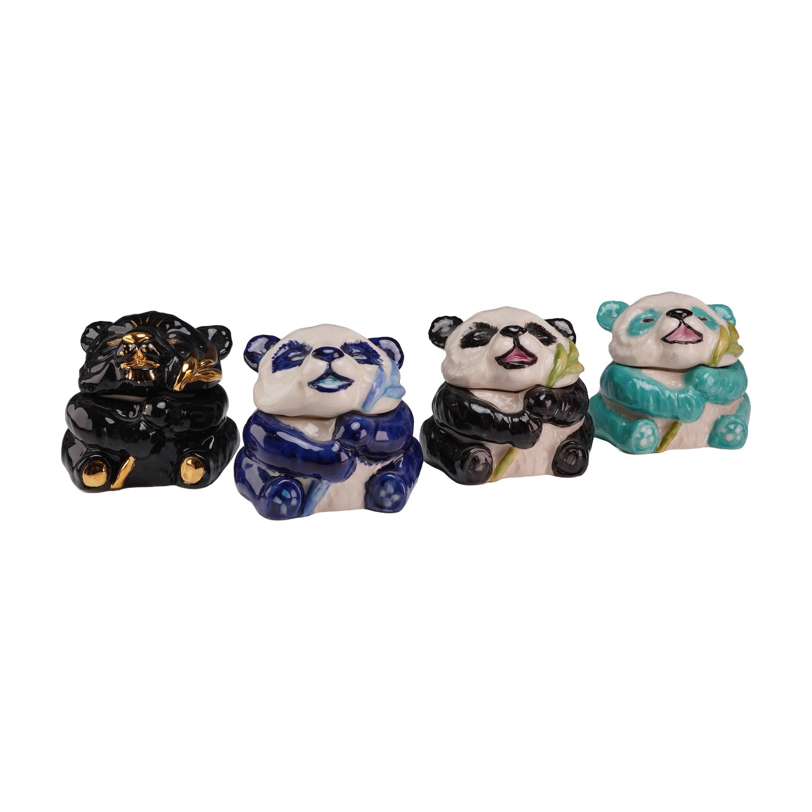 Collection of Four Kevin Francis Face Pots, Zhen Zhen Panda including Prototypes: Each piece is modeled in the form of a seated giant panda named Zhen Zhen, depicted holding a stalk of bamboo. The heads of the pandas serve as removable lids. The set includes four distinct color var