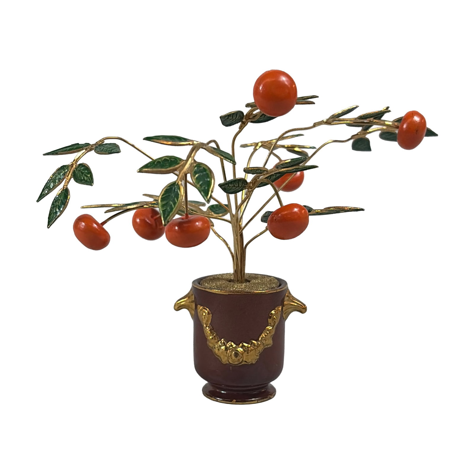 Franklin Mint House of Faberge Orange Tree Figurine: Franklin Mint for the House of Faberge. Miniature fruit tree sculpture in gold-toned metal and enamel, featuring green enameled leaves and orange globular bead fruit. The tree is set into a burgundy-g
