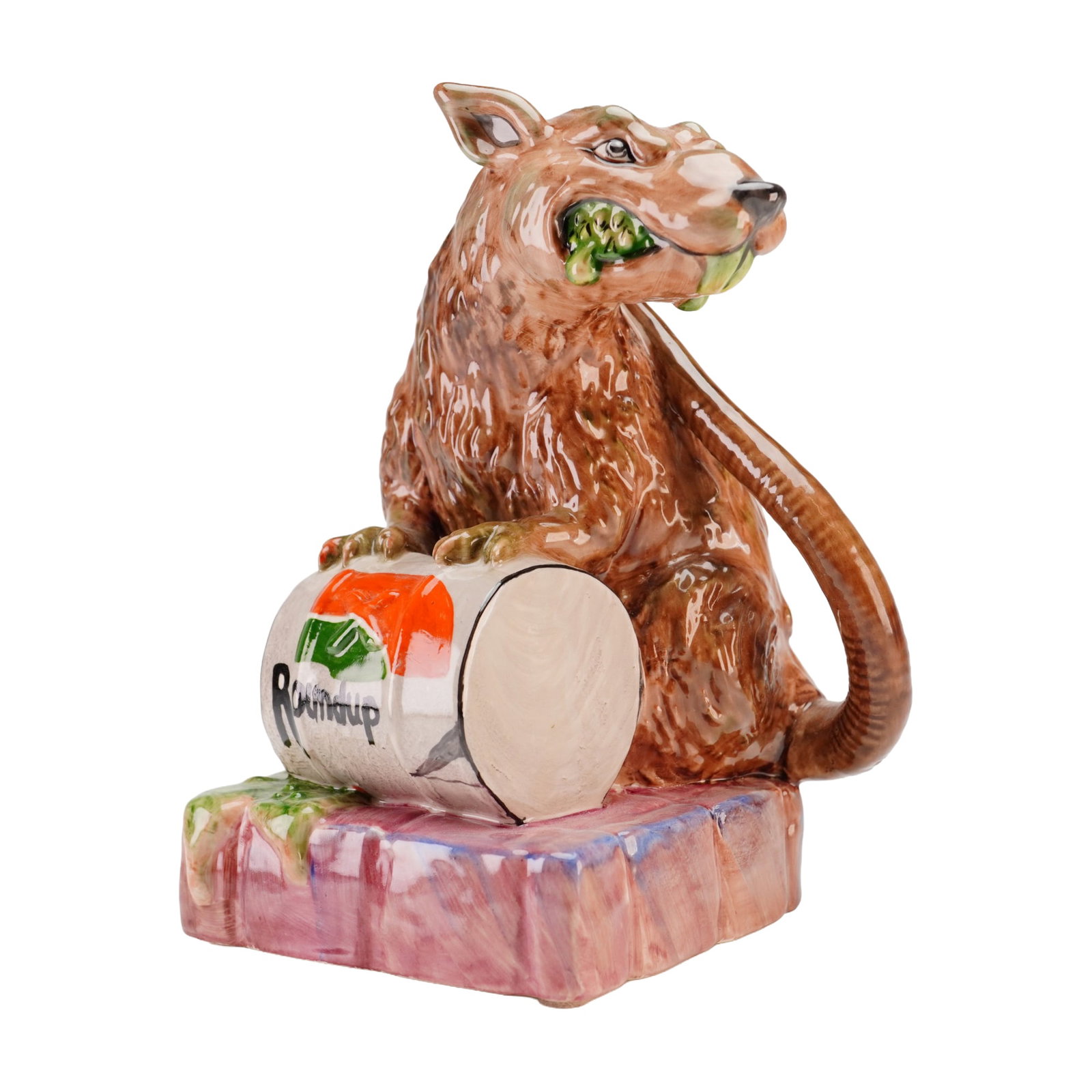 Kevin Francis Ceramics Banksy Street Art Collection Toxic Rat Prototype Figure: A glazed ceramic figurine from the Kevin Francis Ceramics Banksy Street Art Collection titled Toxic Rat. This unique trial piece, numbered 1/1, depicts a brown rat standing on its hind legs on a recta