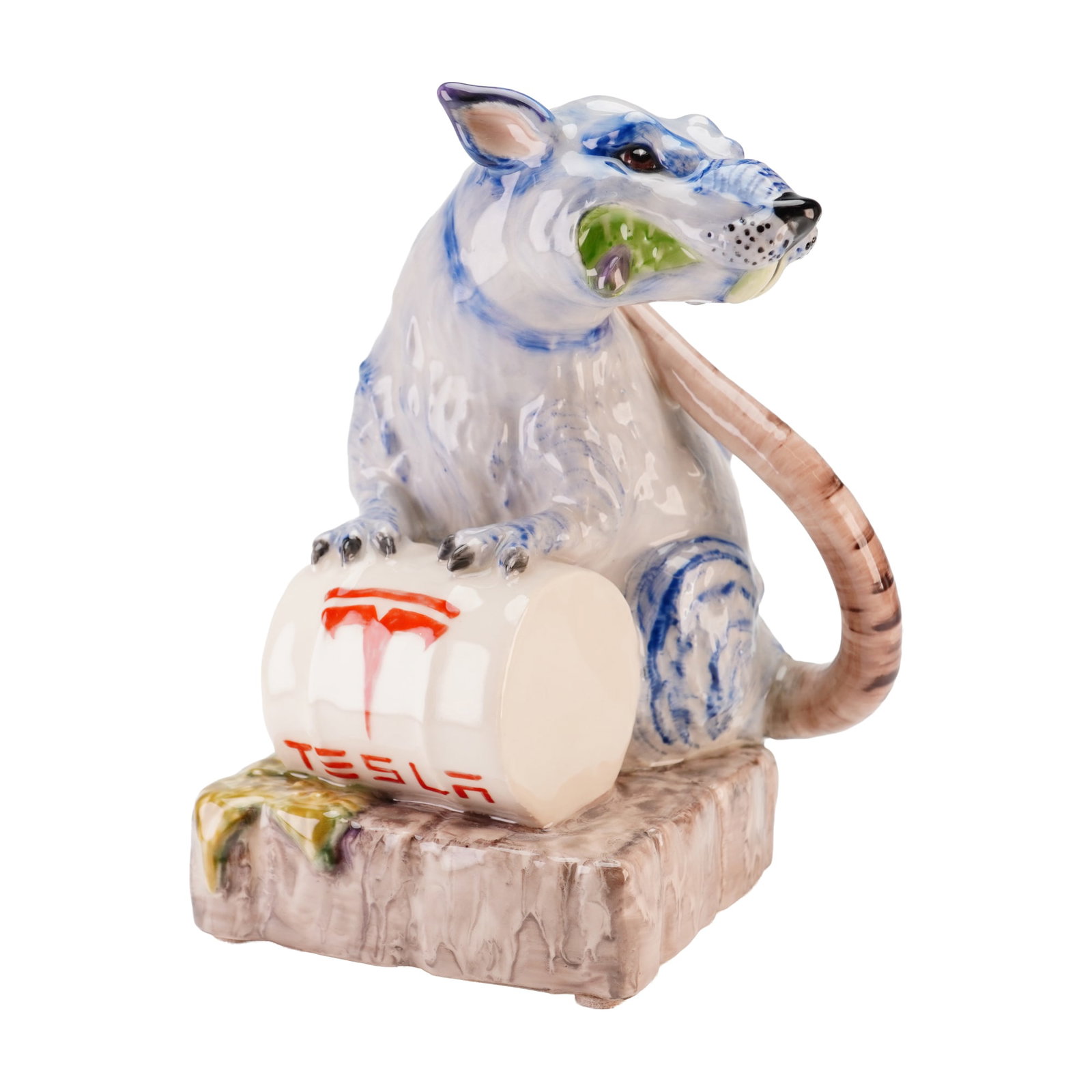 Kevin Francis Street Art Collections Banksy Toxic Rat Tesla Prototype Figurine: A contemporary glazed ceramic figurine produced for the Kevin Francis Street Art Collections, featuring the Banksy-inspired Toxic Rat. This unique 1/1 prototype features a stylized rat with a mottled 