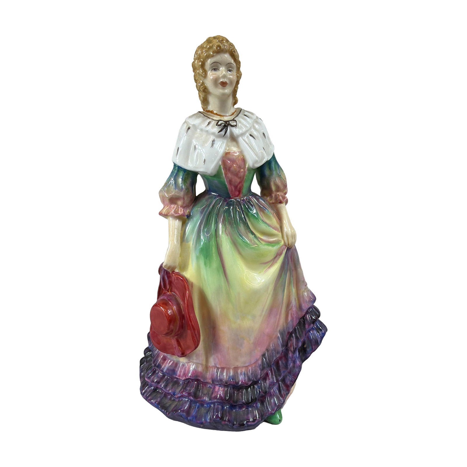 Paragon Lady Cynthia Porcelain Figurine: Paragon fine bone china figurine titled Lady Cynthia, featuring a standing female figure in a multi-colored crinoline dress decorated with a gradient glaze of yellow, green, pink, and purple. The figu