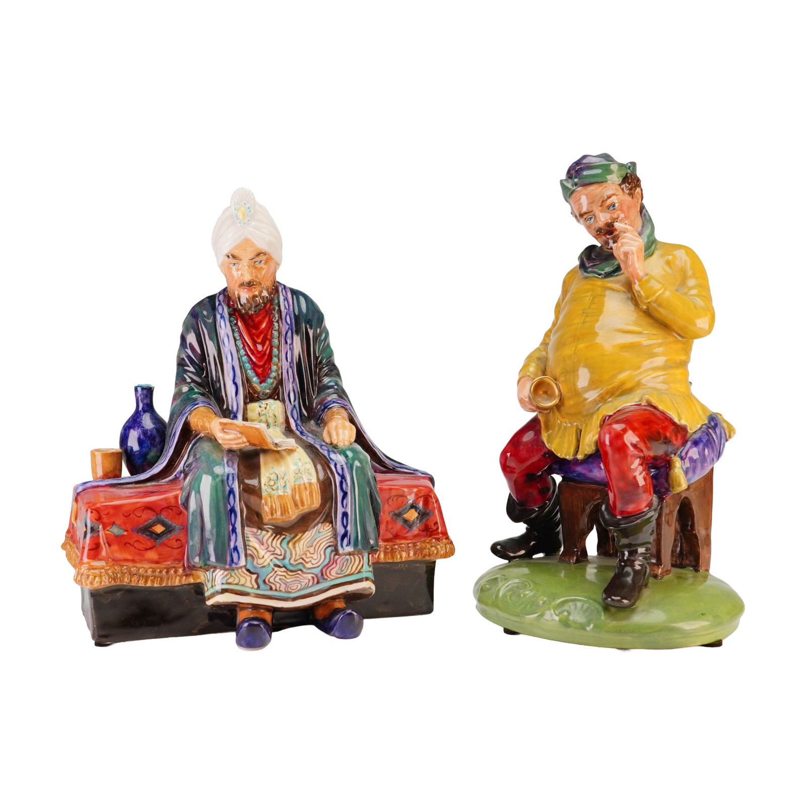 2pc Studio Potter Ceramic Figurines by Reg Johnson, Omar Khayyam and Falstaff: This lot consists of two hand-painted glazed ceramic figurines produced by artist Reg Johnson at his workshop, The Studio Potter. The first figurine portrays the 11th-century Persian poet and polymath
