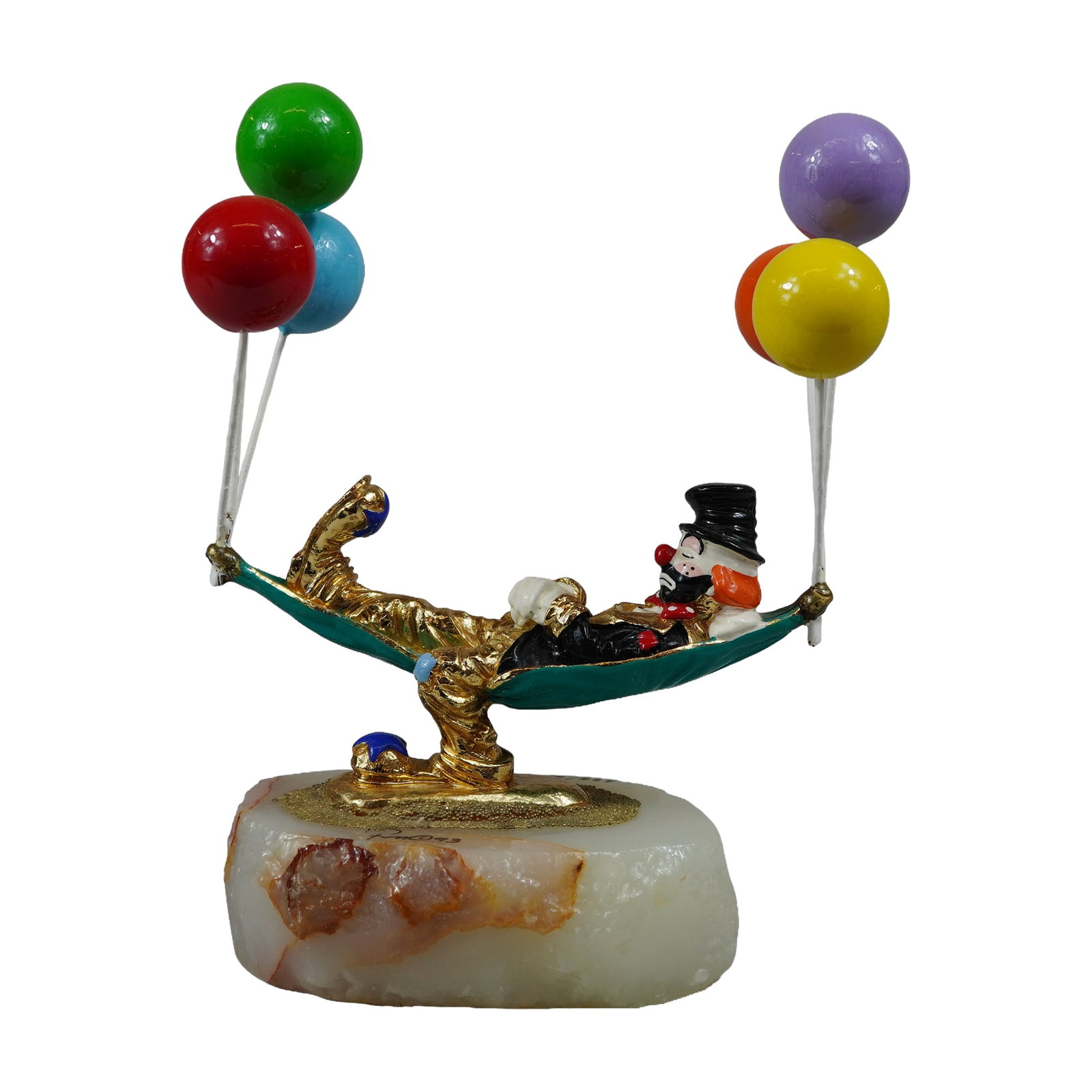 Ron Lee 1993 Snoozn Clown Sculpture: Ron Lee (American, 1947-2017). Snoozn limited edition mixed media sculpture, dated 1993. The work features a hand-painted and gold-plated cast metal clown reclining in a dark green hammock suspended b