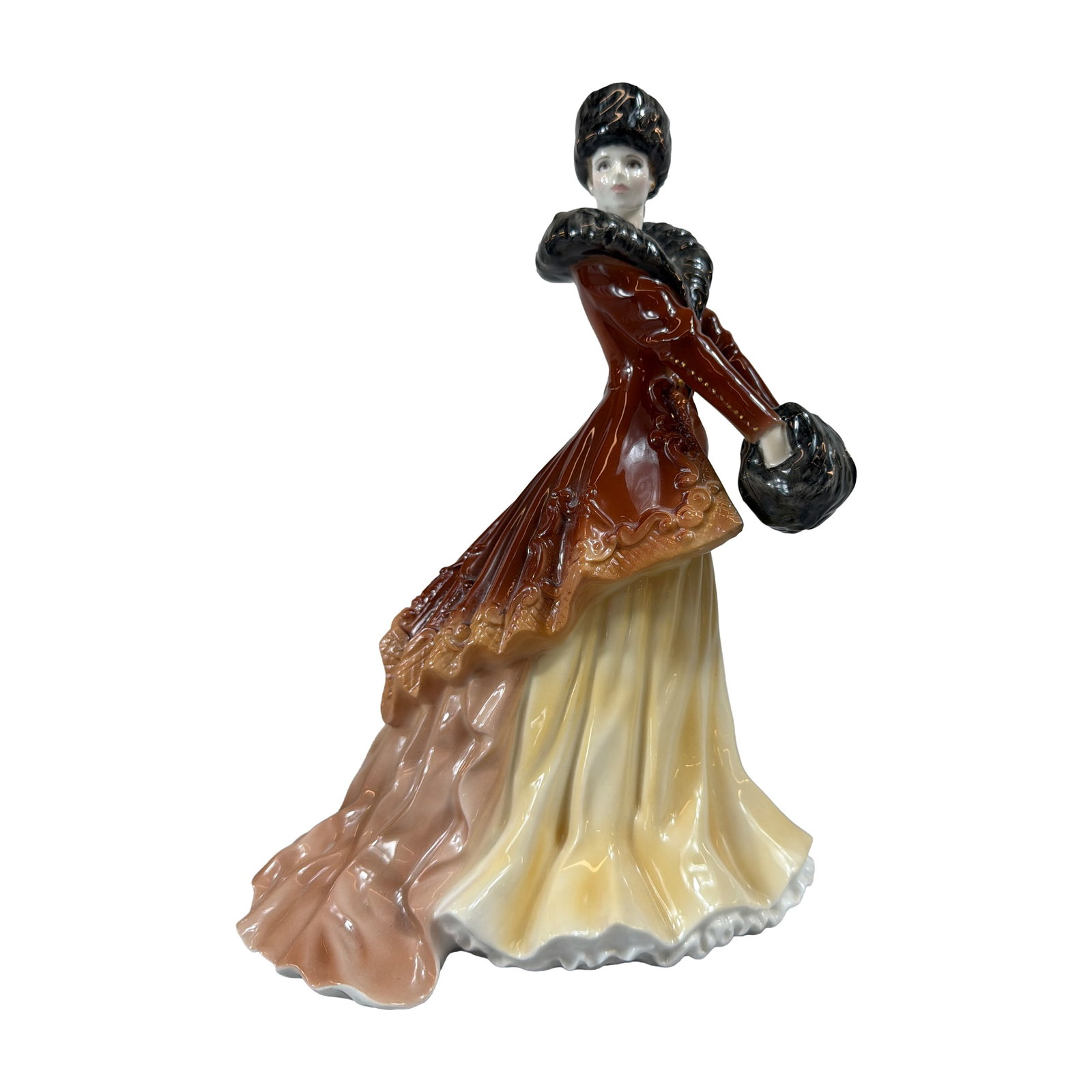 Royal Worcester Natasha Bone China Premiere Figurine: Royal Worcester fine bone china figurine titled Natasha, part of the Premiere Figurine series for 1998. Modeled by Richard Moore in 1997, the figure depicts a lady in late Victorian style winter attir
