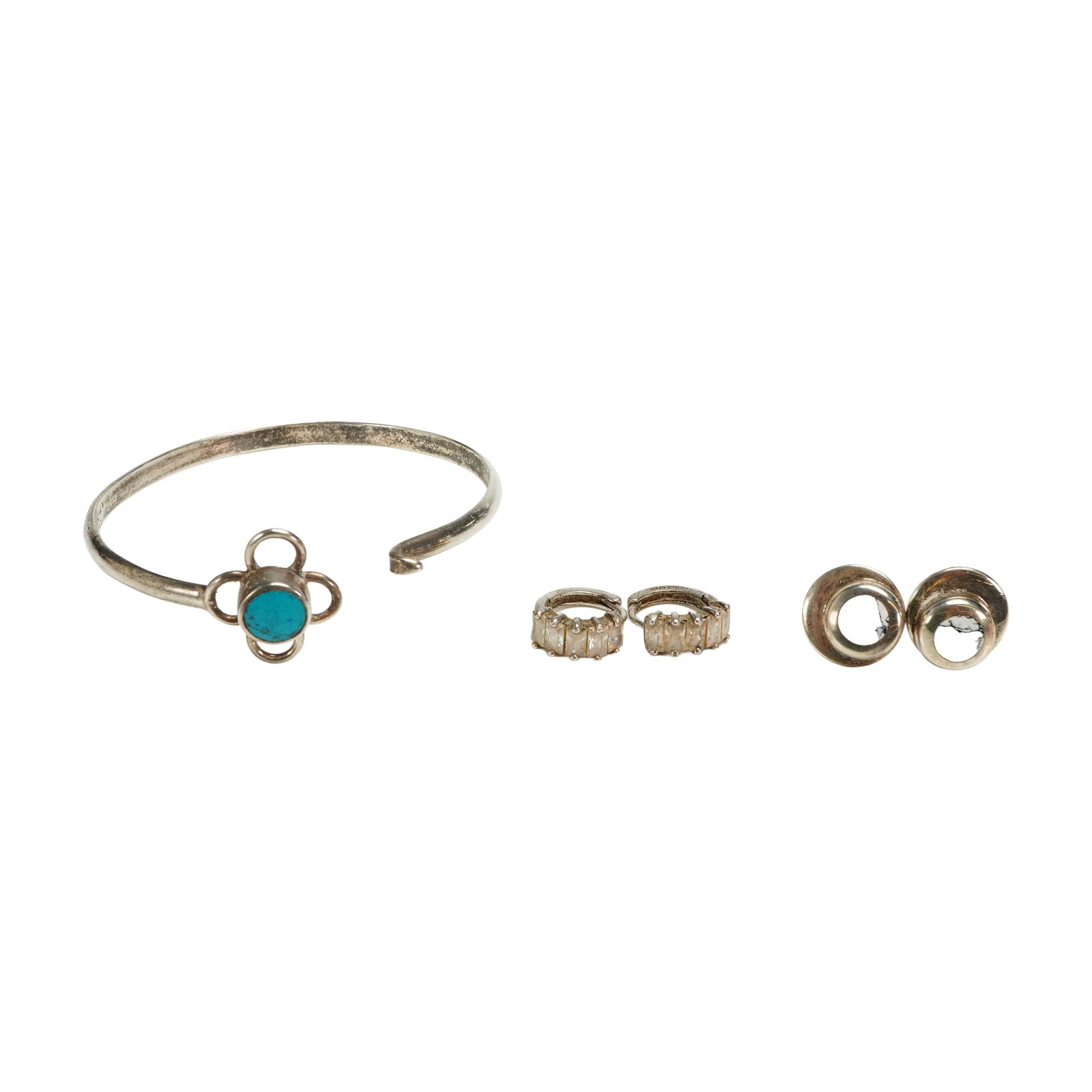 5pc Sterling Silver Earrings and Bracelet: A collection of five pieces of mixed sterling silver jewelry, consisting of one open cuff bracelet and two pairs of earrings. The primary piece is a sterling silver cuff bracelet (stamped 925 MEXICO T