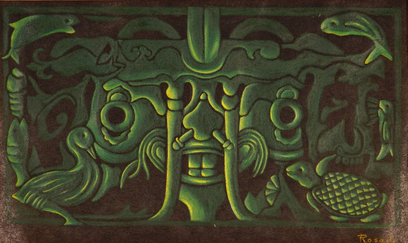 Attr. Julio Rosado del Valle, Pastel Totem Composition, Signed: A striking pastel composition created on thin black fibrous handmade paper and framed with a yellow mat border. The work depicts a vertically structured totemic design featuring stylized animal and ma
