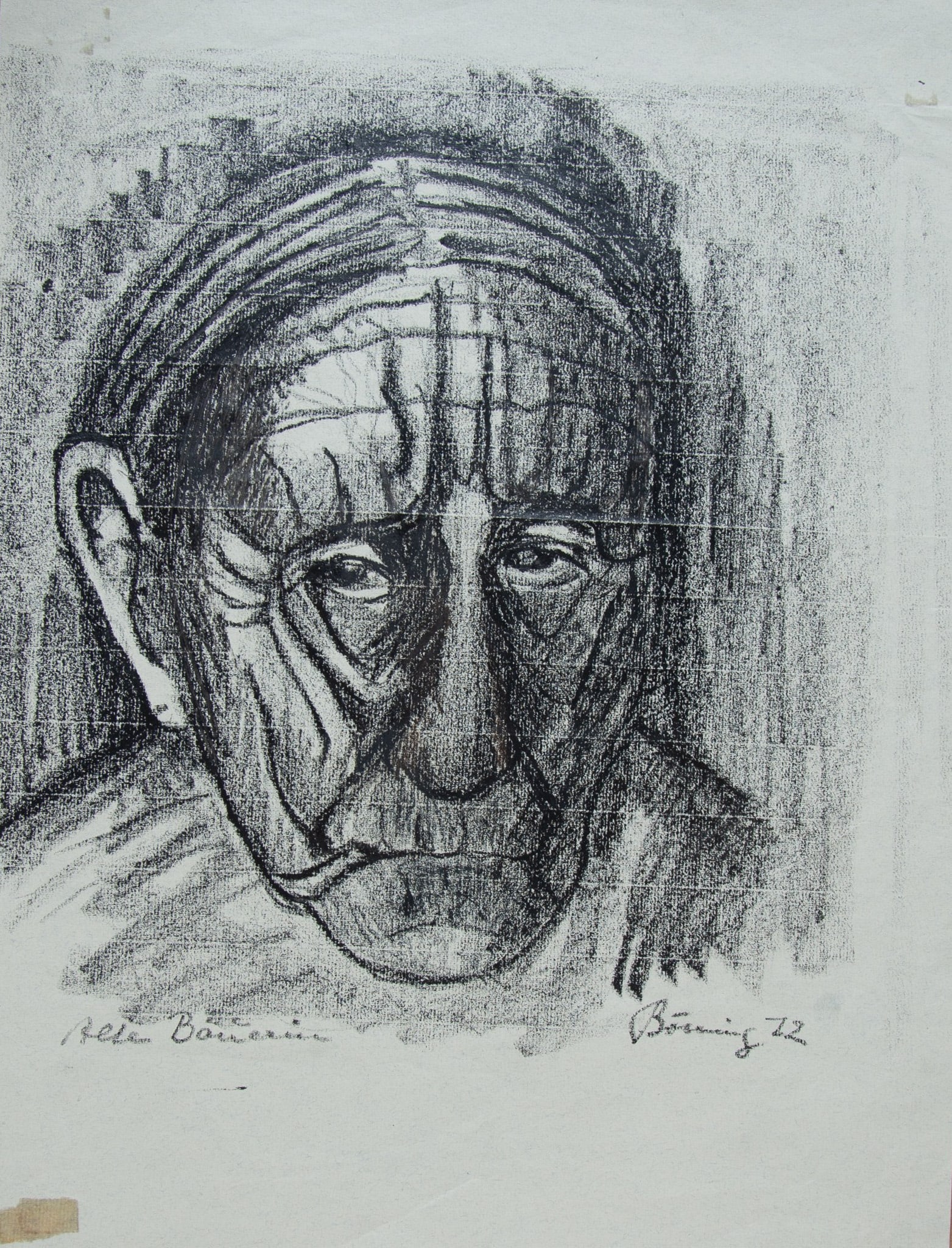 Large Original Pastel on Paper, Portrait of a Woman, Signed: Large original pastel drawing on paper made in a German Expressionist style. It portrays an old weathered woman made of lines that the artist has deeply carved in her face. Signature, title and date: 