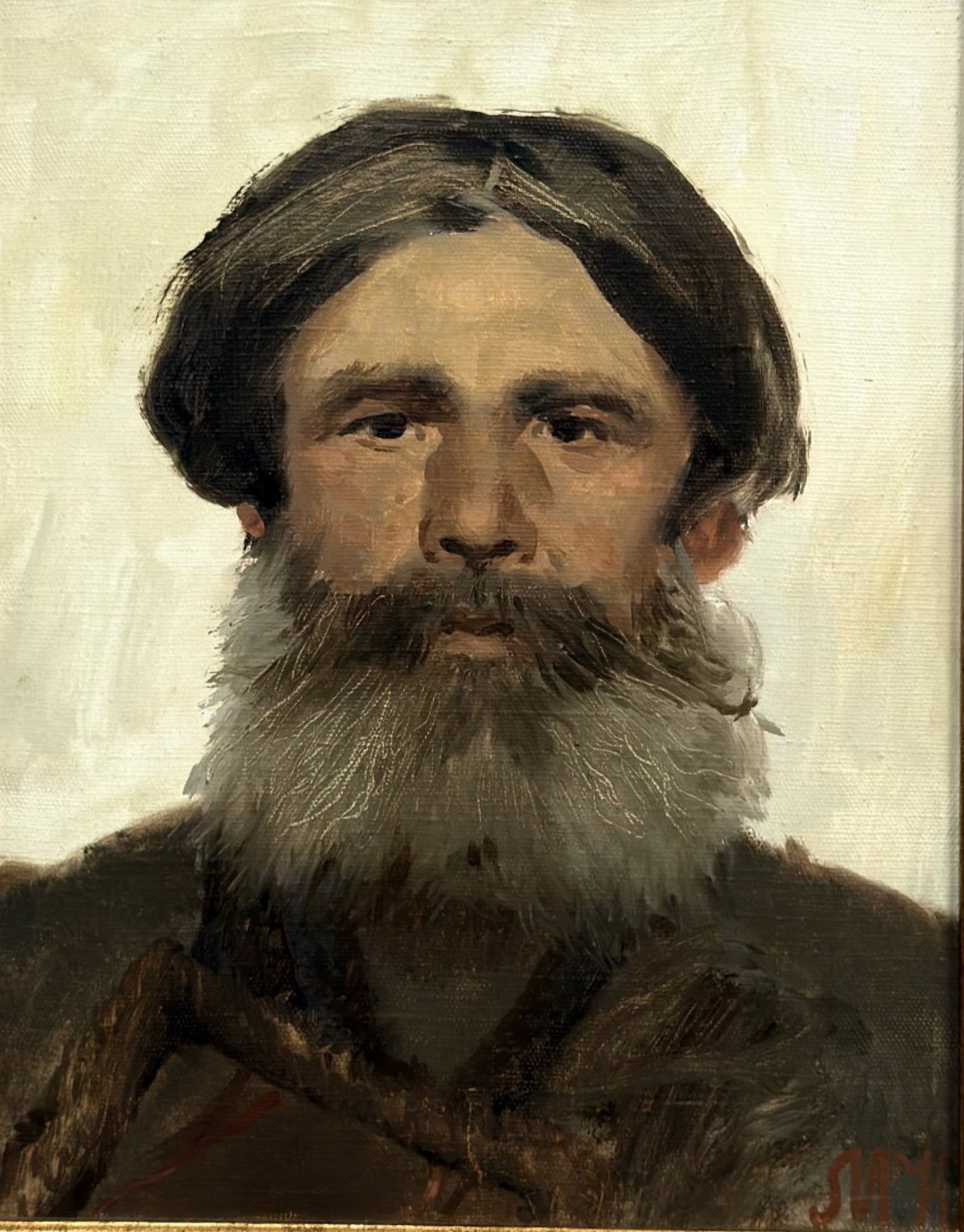 After Ivan Nikolaevich Kramskoi, Portrait of a Peasant, Oil on Canvas: This oil on canvas painting is a rendition after the famous 1882 work by Russian realist artist Ivan Nikolaevich Kramskoi titled Portrait of a Peasant. The work depicts the bust of an elderly man with