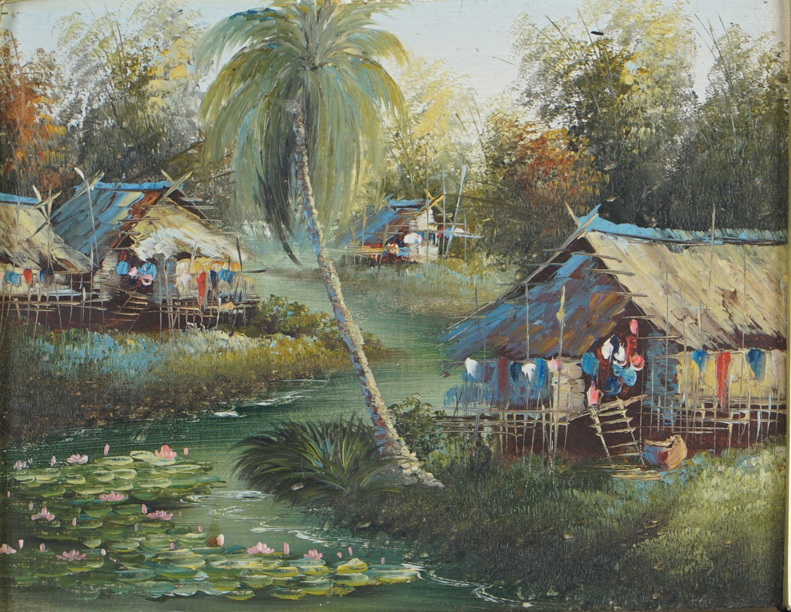 Oil on Board Painting, Thai Riverside Village Scene in Wood Frame: Charming oil on board painting depicting a traditional riverside village scene in Thailand. The composition features thatched-roof huts on stilts, vibrant laundry lines, and a lush landscape with a ce