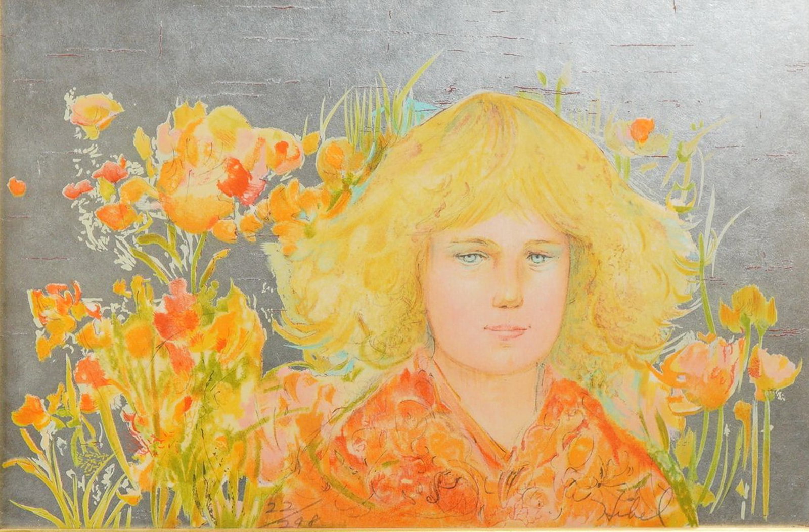 Edna Hibel Signed and Numbered Lithograph on Silver Foil, Jennie: This work is a limited edition stone lithograph in colors on silver metallic-surfaced paper by Edna Hibel (American, 1917-2014). Titled Jennie, the piece features a portrait of a young girl with volum