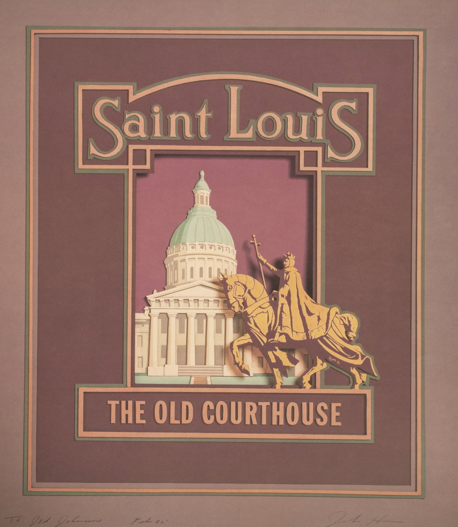 John Hunn, Large Original Color Lithograph on Paper, Signed: Large original color lithograph on paper entitled Saint Louis, The Old Courthouse by American Contemporary artist John Hunn. He used a pink, green, and peach palette to depict the Neo-Classical buildi