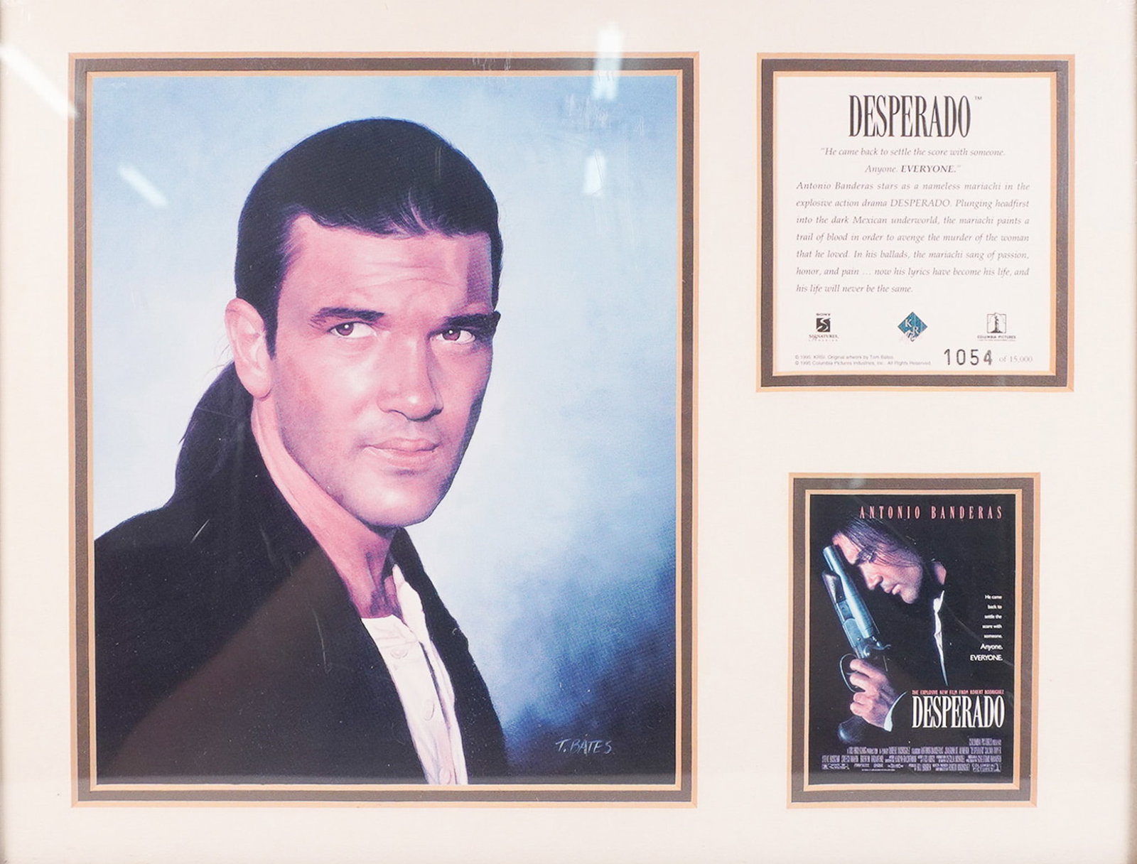 Tom Bates Framed Movie Lithograph, Desperado: Framed lithograph featuring a portrait of Antonio Banderas as the lead character in Desperado, the 1995 neo-Western action film. Directed by Robert Rodriguez and distributed by Columbia Pictures, the 