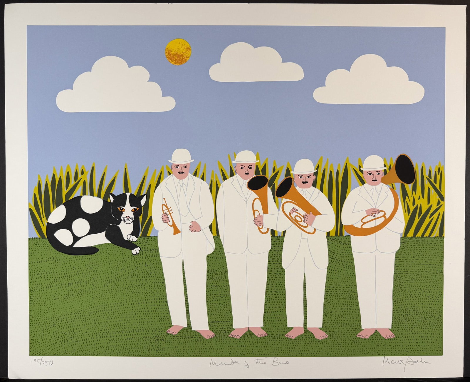 Mark Sabin (American 1936) Screenprint Members of The Band signed: Screenprint titled Members of The Band Year 1980 Signed lower right numbered 195/250 Sight size 32" x 26" Dimensions: See Description.