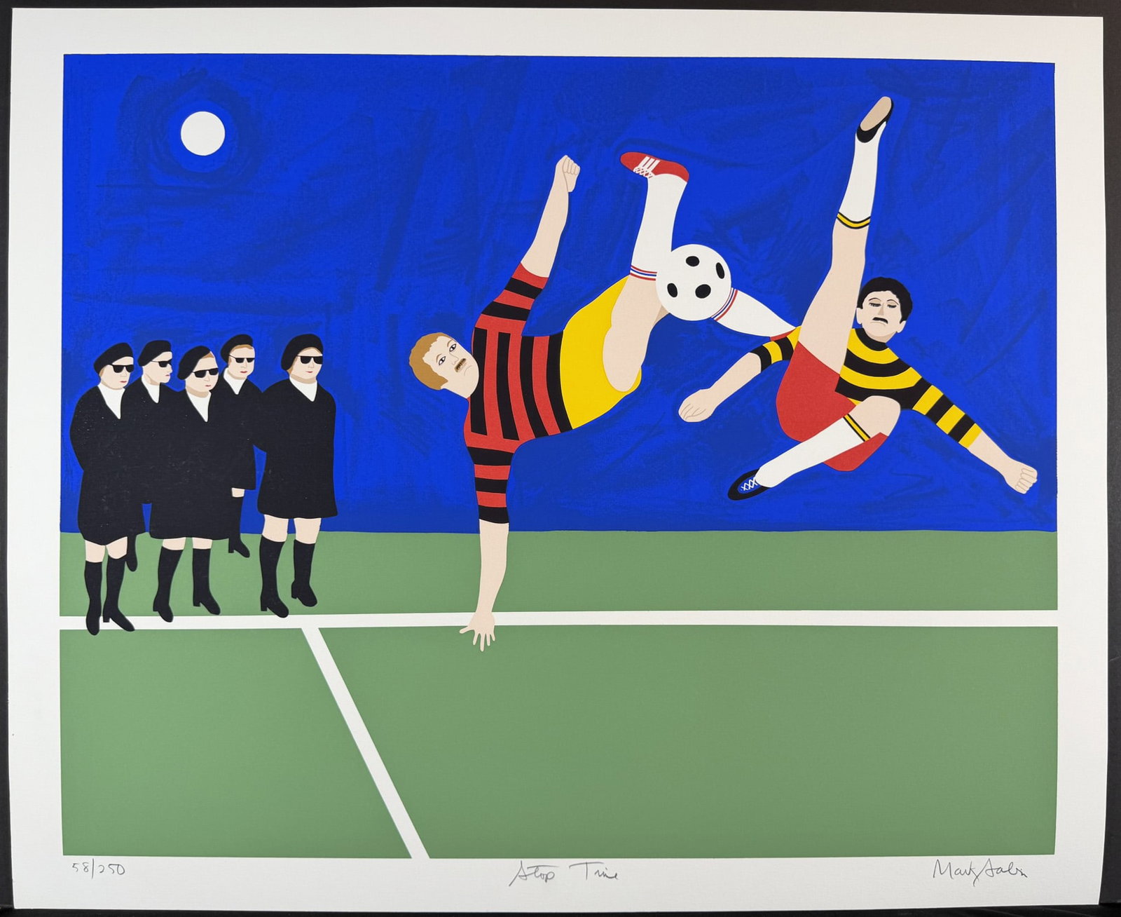 Mark Sabin (American 1936) Screenprint Stop Time (Soccer) signed: Screenprint titled Stop Time (Soccer) Year 1980 Signed lower right numbered 58/250 Sight size 30.5" x 26" Dimensions: See Description.