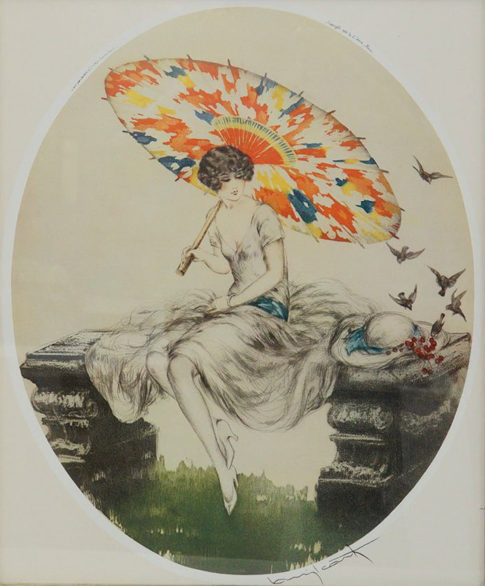 After Louis Icart (French, 1888-1950), Color Print on Paper, Parasol: A framed color print on paper after an original artwork by French artist Louis Icart, titled Parasol. The French Art Deco piece depicts a seated woman holding a parasol over her shoulder. Facsimile si