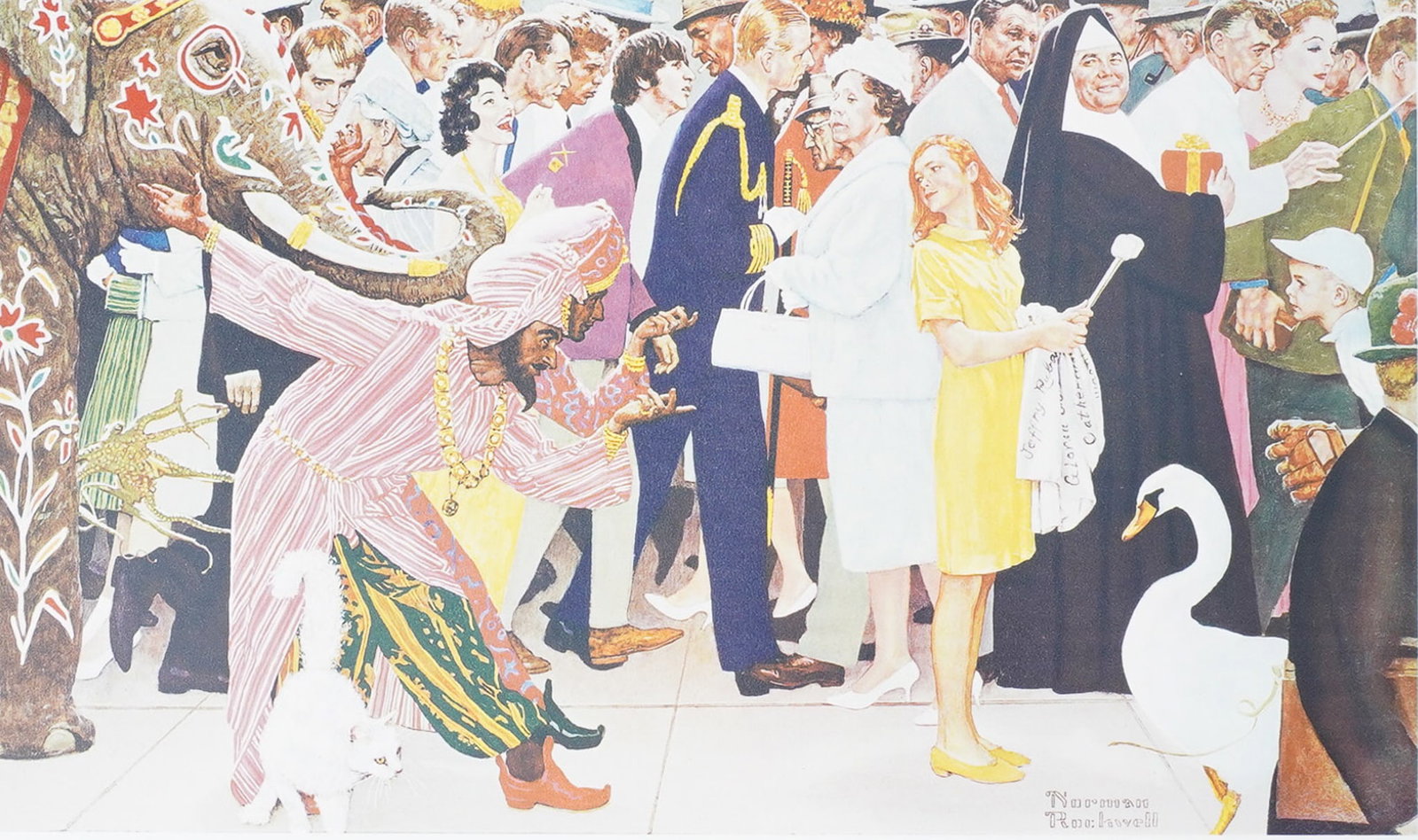 Norman Rockwell Print, Saturday People: A vibrant Norman Rockwell print titled Saturday People, originally published in 1973 by Circle Gallery Ltd. and collotyped by Arthur Jaffe in New York. This dynamic scene showcases Rockwell's ability 
