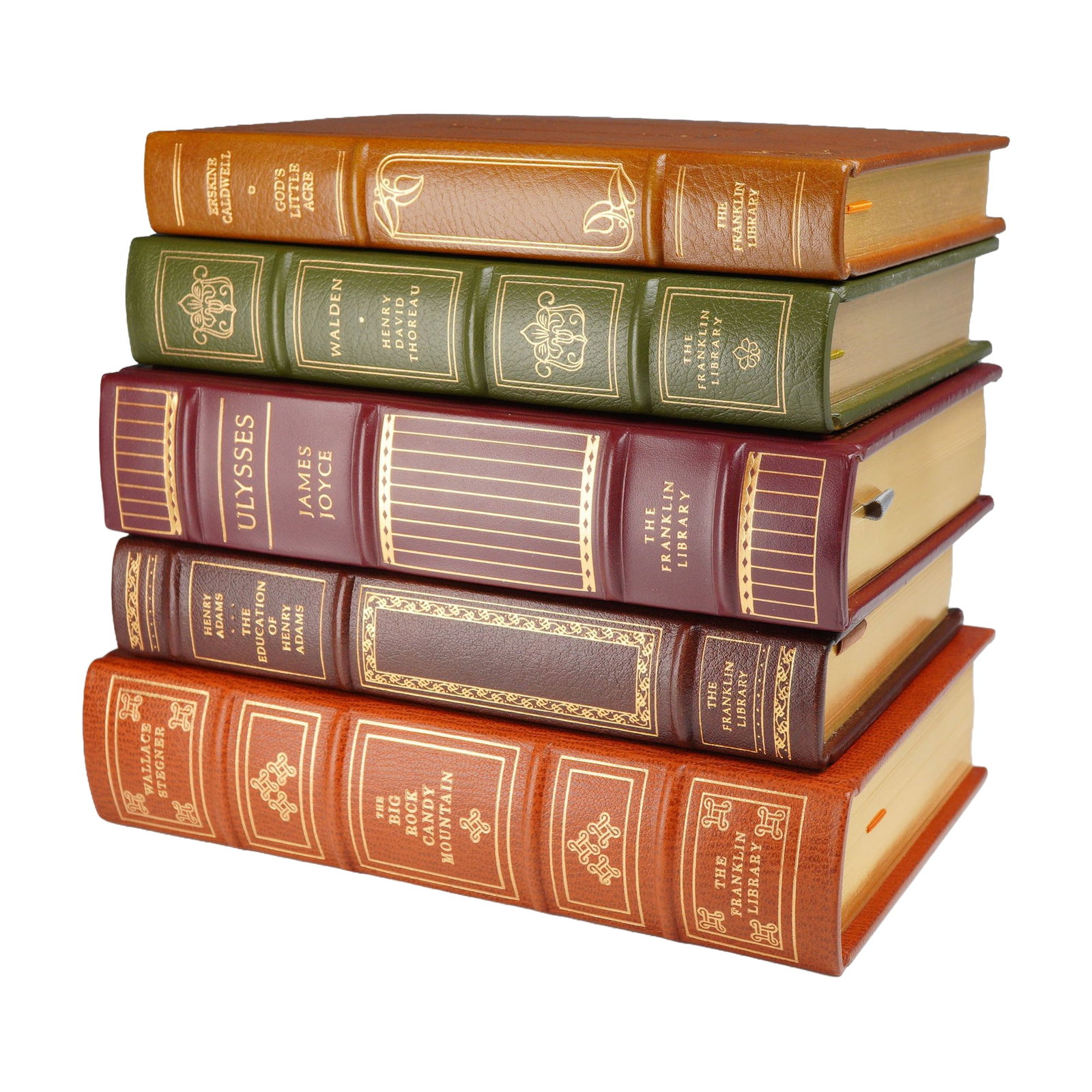 Caldwell, Joyce, et al. A 5-Piece Collection of Franklin Library Leather-Bound Volumes. 1976-1979.: A 5-piece collection of premium leather-bound books published by The Franklin Library as part of their limited edition series. Each volume is bound in full leather with decorative gilt-stamped covers 