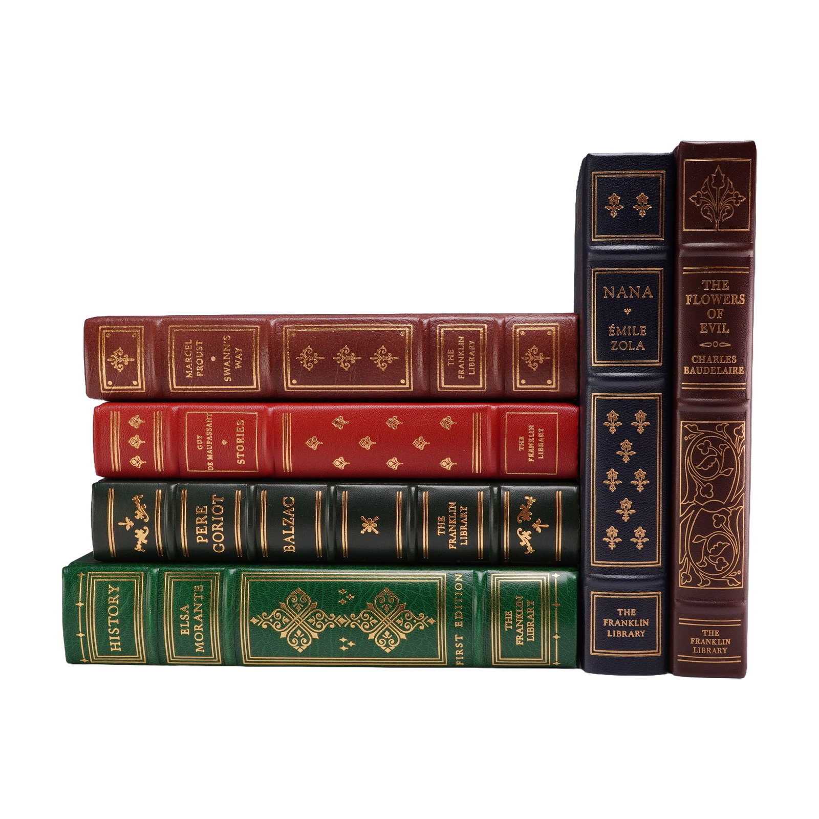 Various Authors. A 6-Piece Collection of Franklin Library Leather-Bound Volumes. Franklin Library.: A group of six volumes published by The Franklin Library, featuring classic and contemporary literature. Each book is bound in premium full leather in various colors, including deep red, emerald green