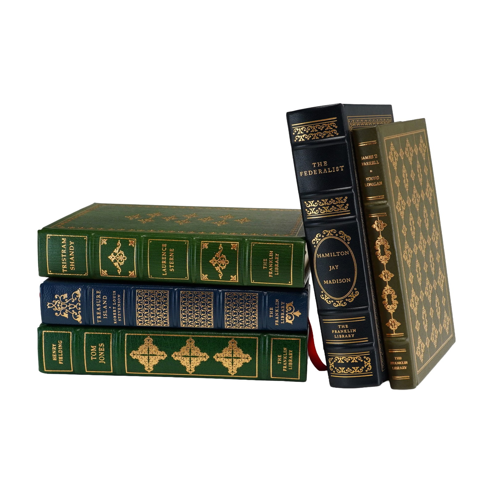 5pc Franklin Library Limited Edition Book Lot, Farrell, James T., et al. (Signed): This 5pc book lot comprises five volumes from the Franklin Library series of limited editions published during the 1970s. Included in the collection are Young Lonigan by James T. Farrell, Treasure Isl