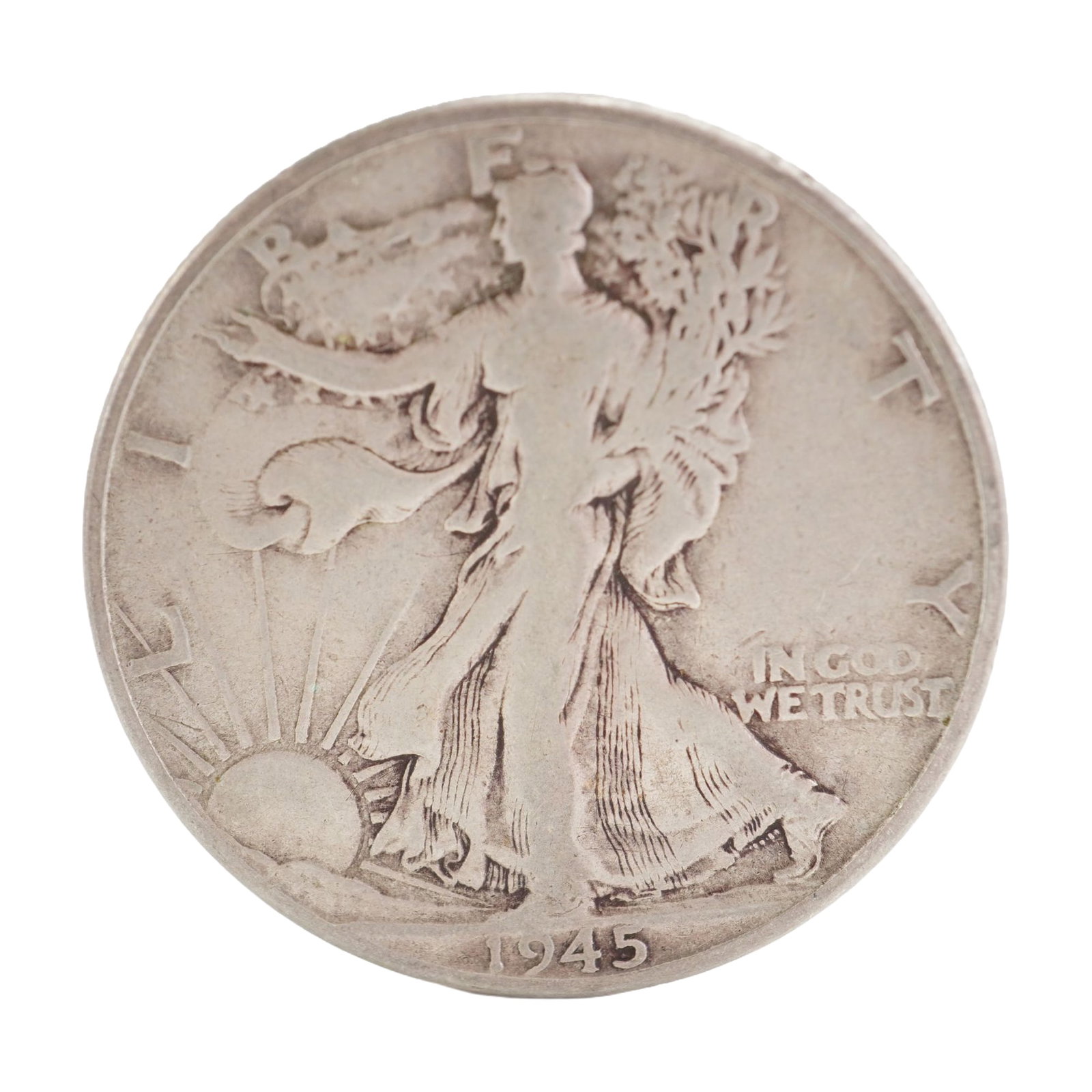 1945 U.S. Walking Liberty Half Dollar 90% Silver Coin, Circulated: Design includes obverse Liberty walking to the left with date below; Reverse has Eagle with wings spread and denomination below. Total weight 12g. Dimensions: 30.6mm Date or Era: 1945 Country of Origi
