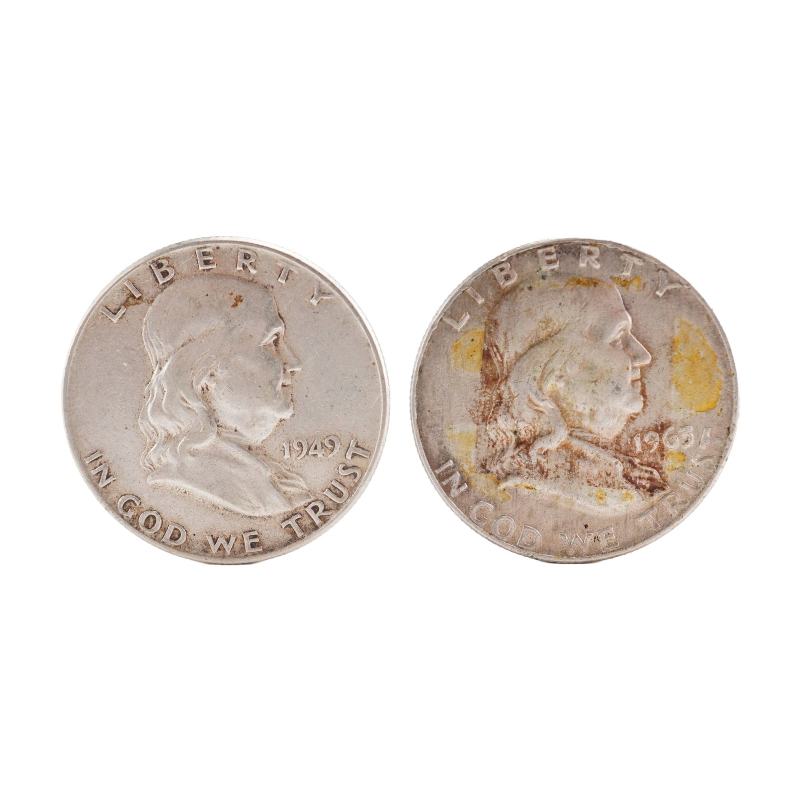 Lot of 2 Franklin Half Dollar 90% Silver Coin, Circulated: Obverse designed with Benjamin Franklin facing right; Reverse with Liberty Bell, small eagle and denomination below. Total weight 26g. Dimensions: 30.6mm Date or Era: 1948 - 1963 Country of Origin: Un