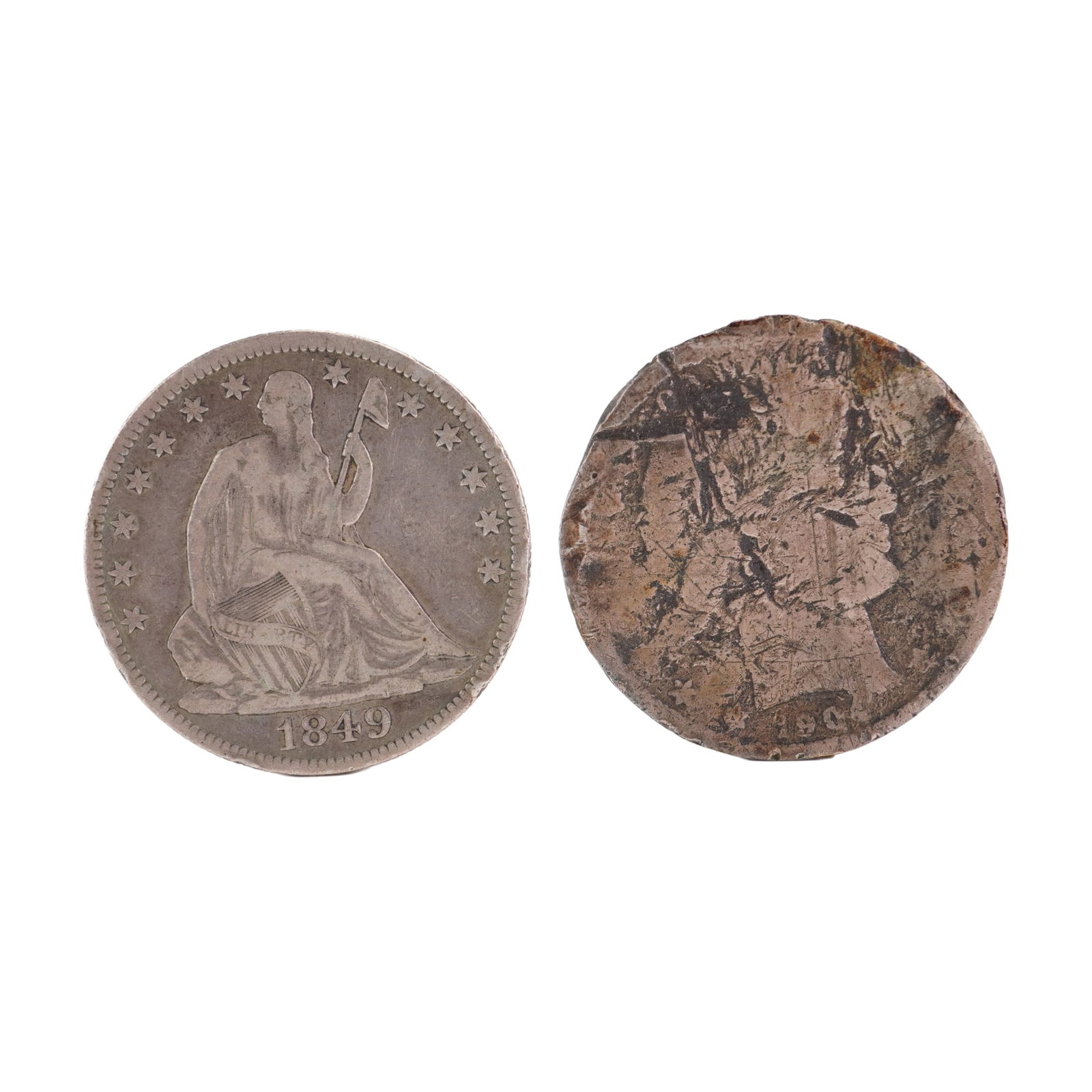 Lot of 2 U.S. 1849 Seated Liberty & 1904 Barber 90% Silver Half Dollars, Circulated: Seated Liberty Half Dollar and Barber, Obverse with date and design; reverse depicts Eagle with arrows and olive branch and UNITED STATES OF AMERICA HALF DOL. Total weight 24g. Dimensions: 30.6mm Date
