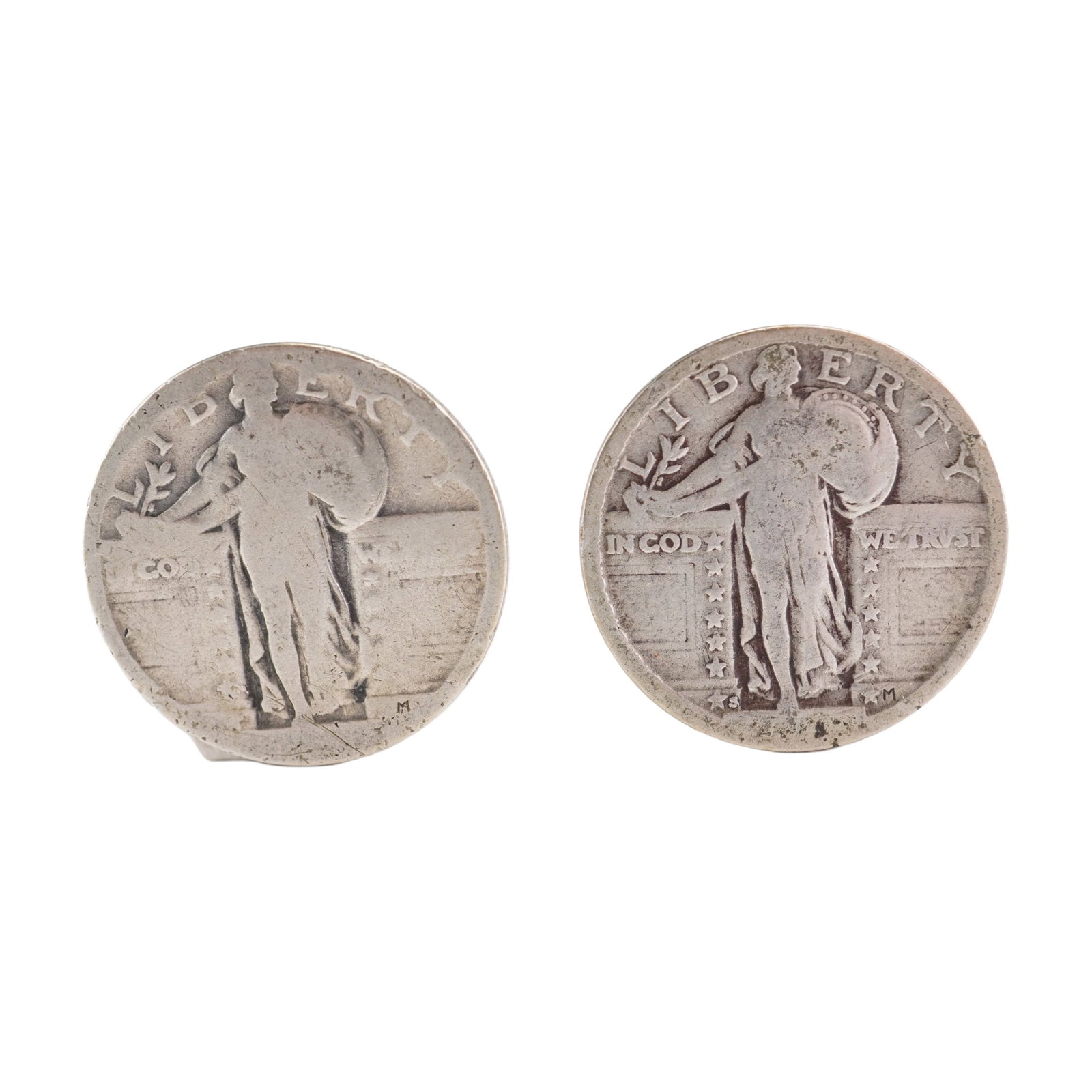 Lot of 2 U.S. Standing Liberty Quarter 90% Silver Coin, Circulated: Standing Liberty Quarter (dateless or degraded) Looking over her left shoulder, holding a shield and olive branch with 13 stars on the sides. Reverse Eagle flying with stars below and lettering UNITED