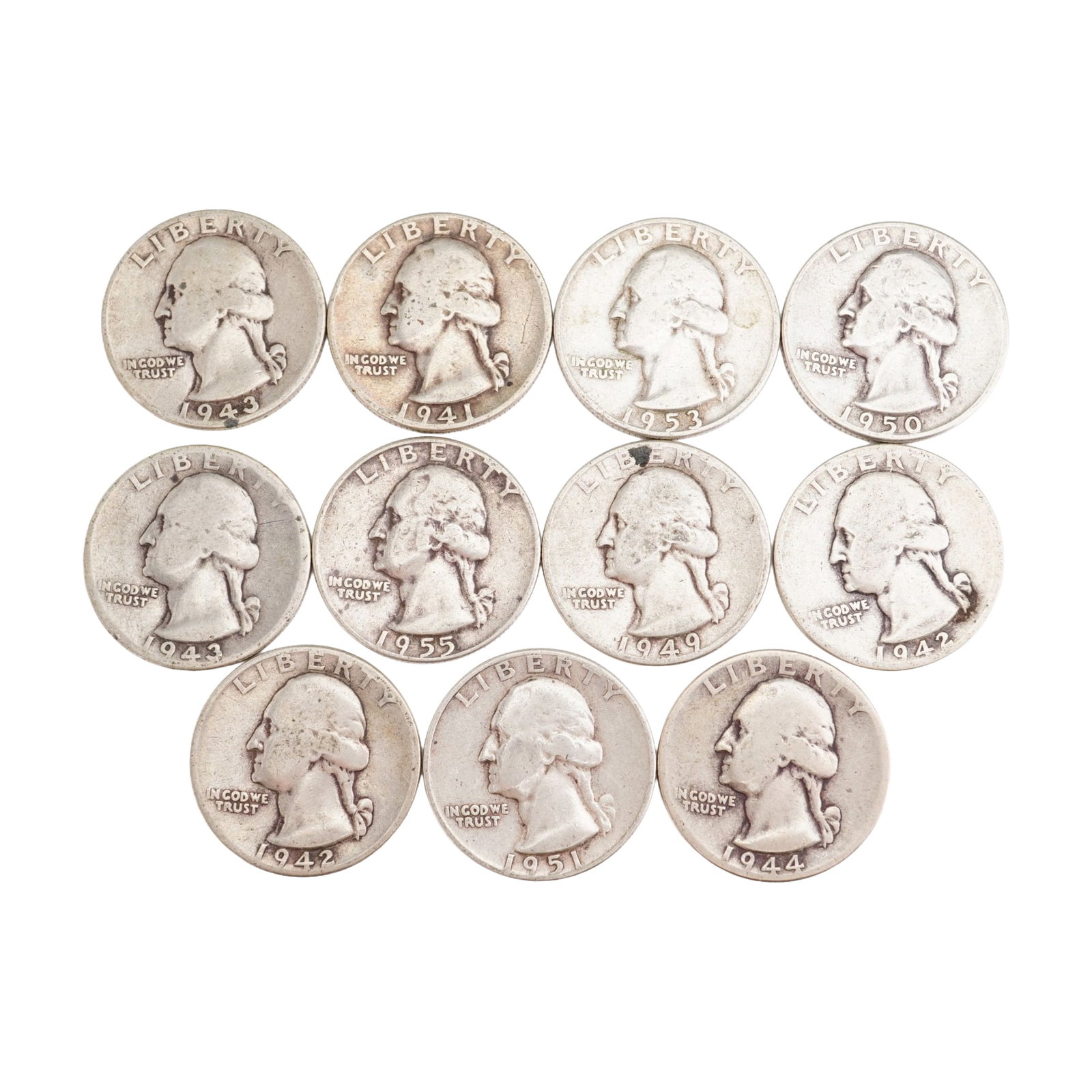 Lot of 11 U.S. Washington Silver Quarter 90% Silver Coin, Circulated (1 of 2)