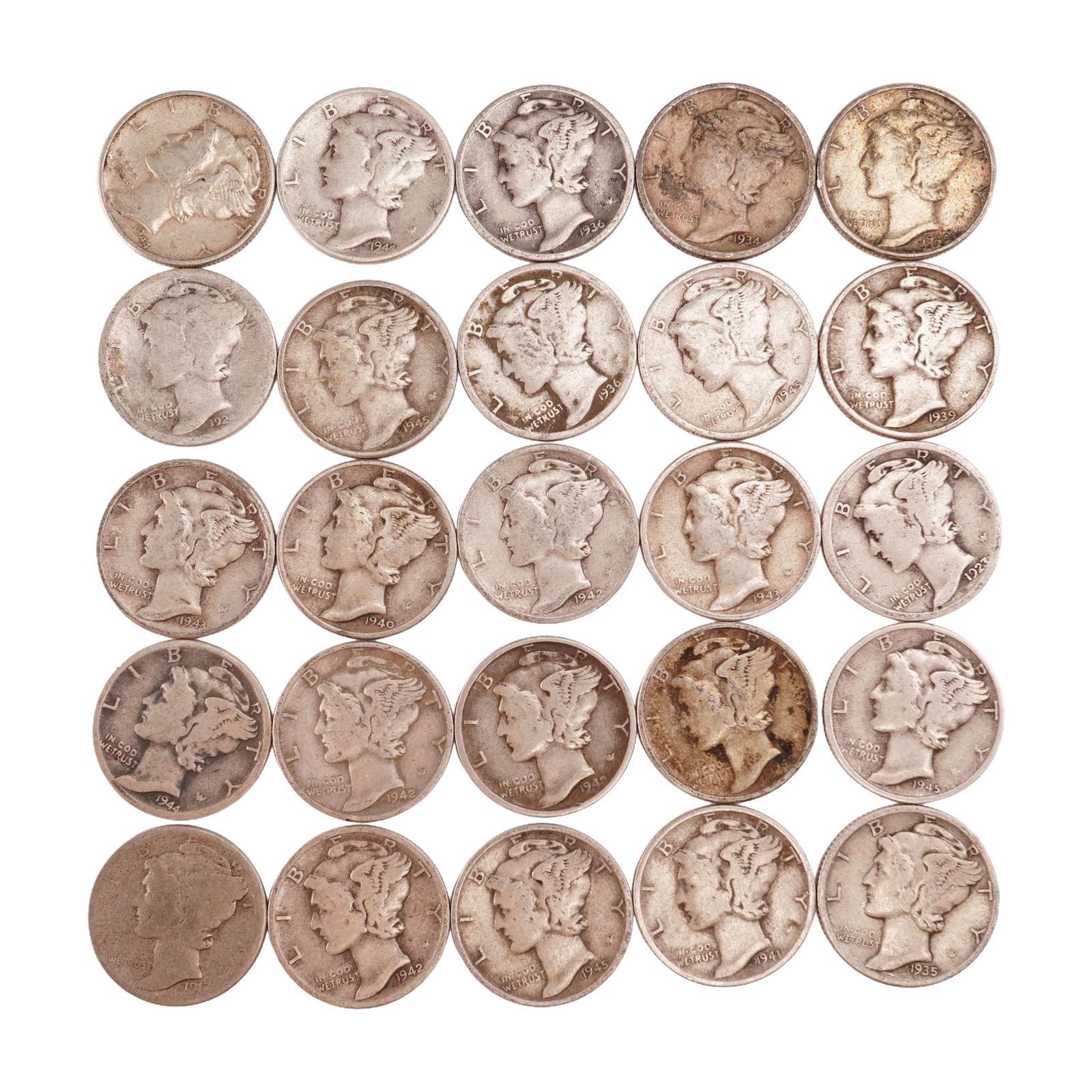 Lot of 25 Loose Mercury 90% Silver Dimes, Circulated: Obverse designed with an allegory of Liberty wearing a winged Phrygian cap (freedom of thought) is surrounded with the word "LIBERTY" and accompanied with the motto: "IN GOD WE TRUST". Reverse fasces 