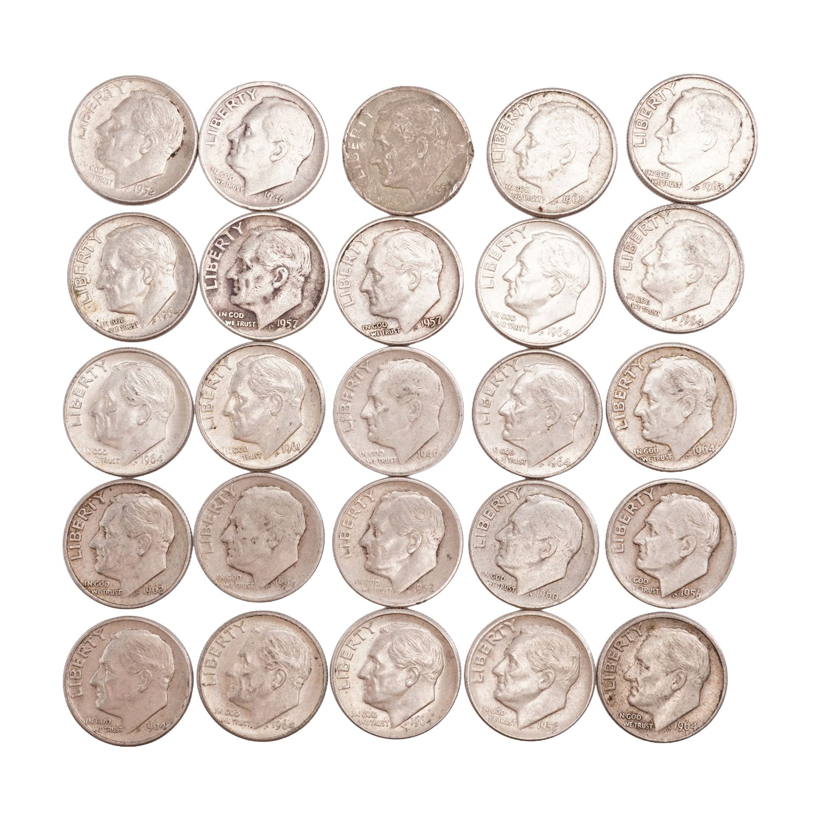 Lot of 25 Loose Roosevelt 90% Silver Dimes, Circulated: Obverse portrait in left profile of Franklin D. Roosevelt, the 32nd President of the United States from 1933 to his death in 1945, is accompanied with the motto: "IN GOD WE TRUST" and surrounded with 