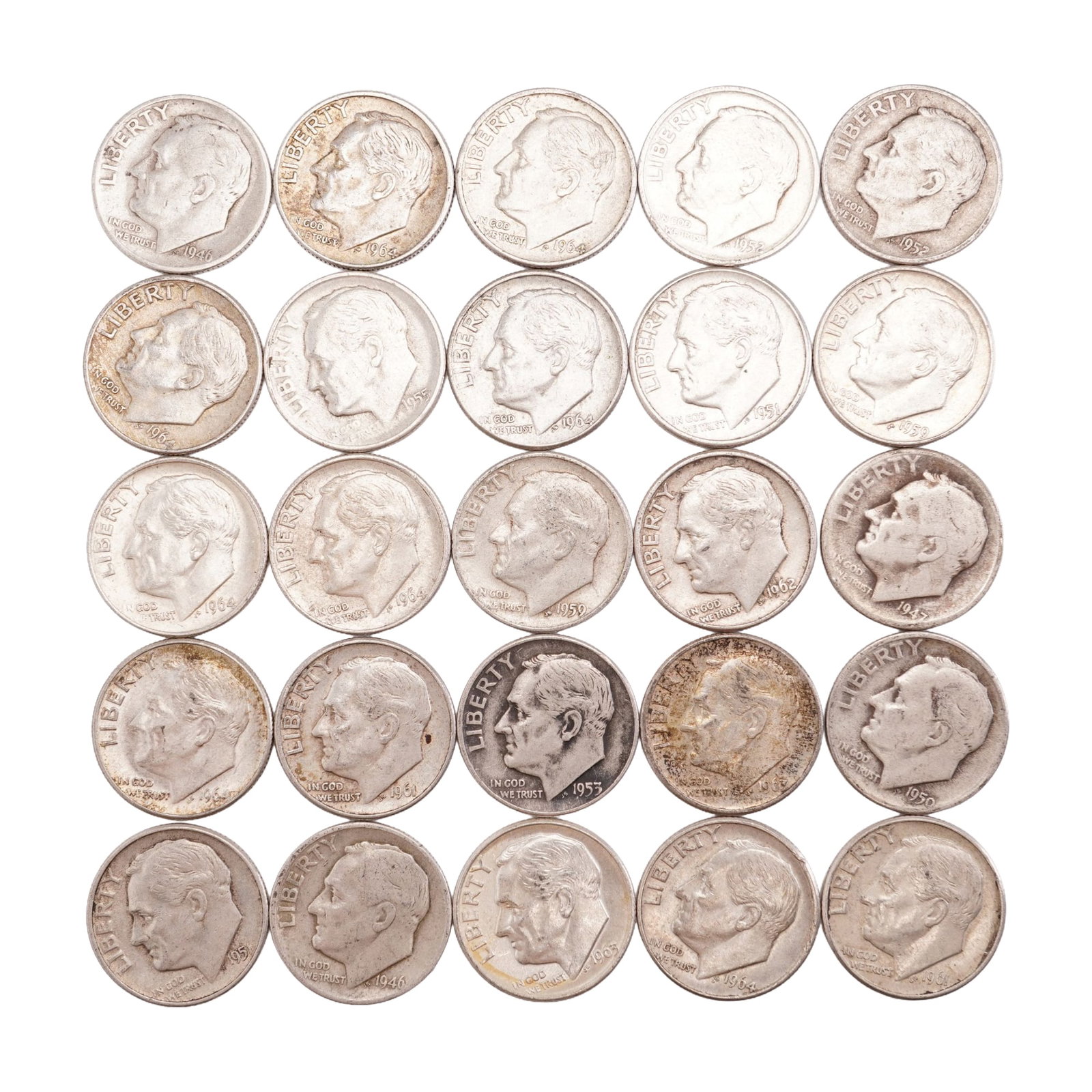 Lot of 25 Loose Roosevelt 90% Silver Dimes, Circulated: Obverse portrait in left profile of Franklin D. Roosevelt, the 32nd President of the United States from 1933 to his death in 1945, is accompanied with the motto: "IN GOD WE TRUST" and surrounded with 