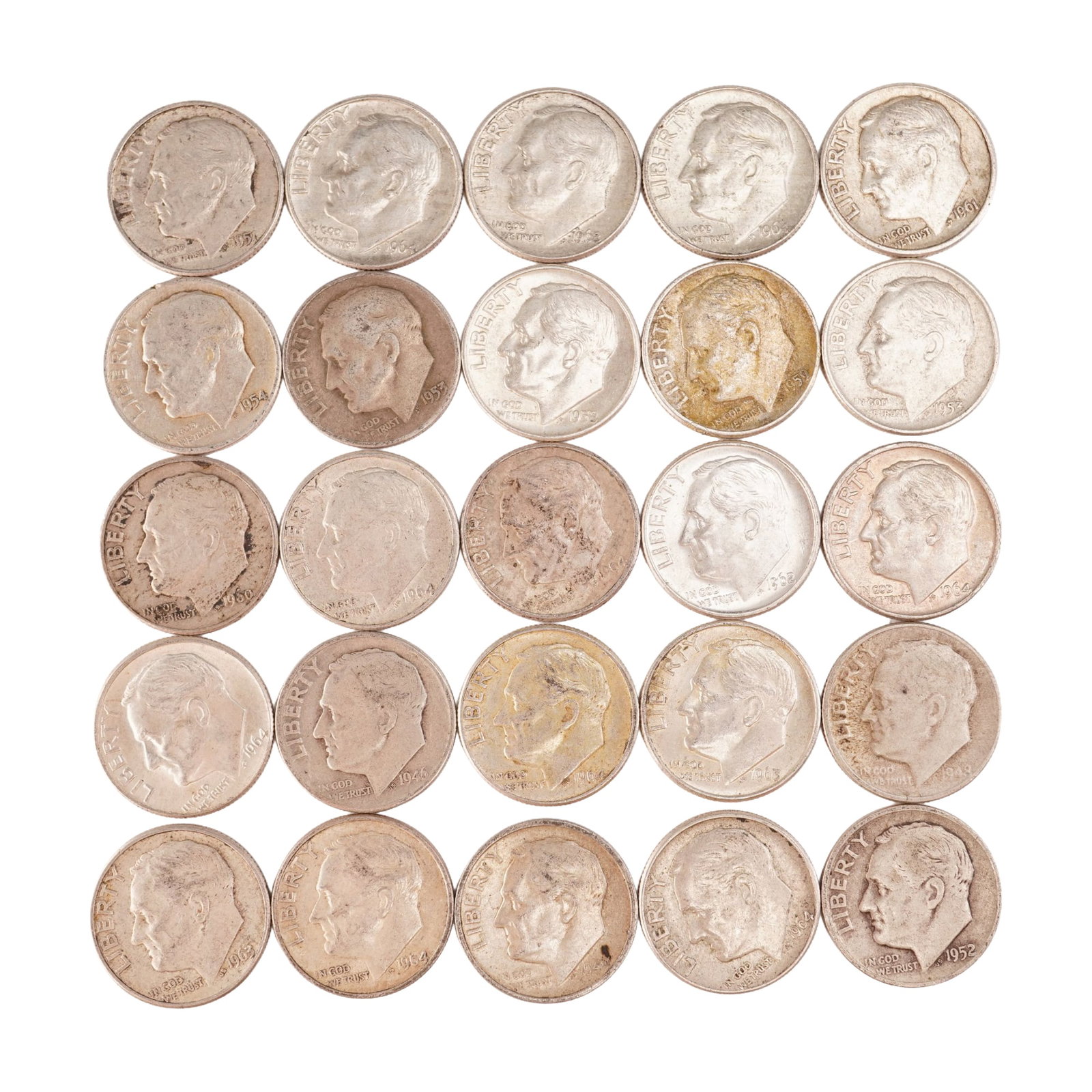 Lot of 25 Loose Roosevelt 90% Silver Dimes, Circulated: Obverse portrait in left profile of Franklin D. Roosevelt, the 32nd President of the United States from 1933 to his death in 1945, is accompanied with the motto: "IN GOD WE TRUST" and surrounded with 
