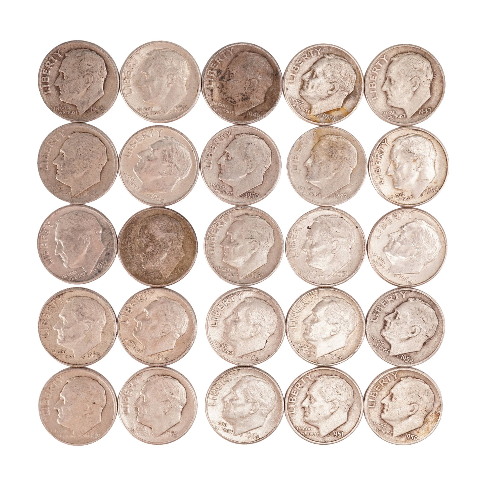 Lot of 25 Loose Roosevelt 90% Silver Dimes, Circulated: Obverse portrait in left profile of Franklin D. Roosevelt, the 32nd President of the United States from 1933 to his death in 1945, is accompanied with the motto: "IN GOD WE TRUST" and surrounded with 