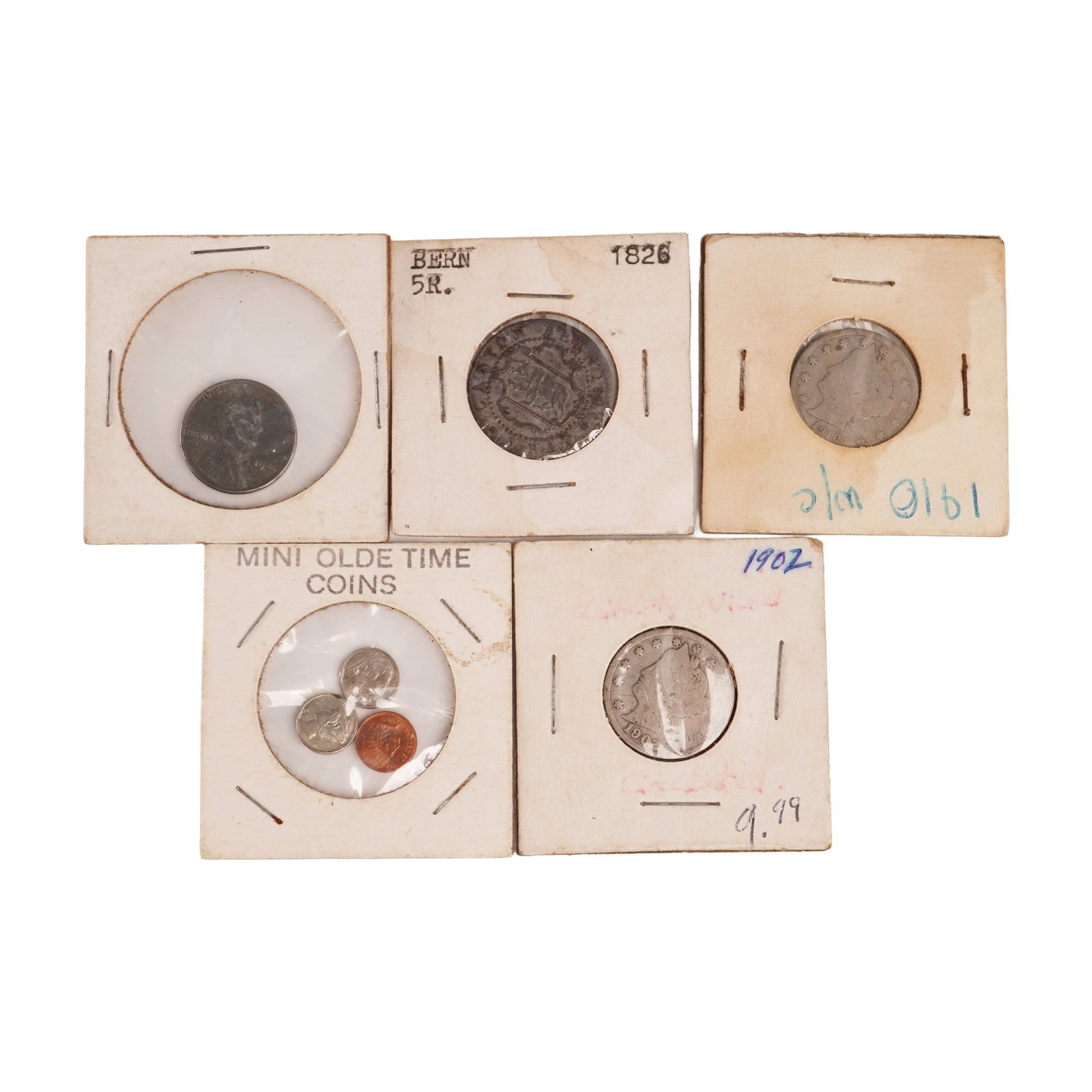 5pc 1826 Bern 5 Rappen, and 1902-1943 U.S. Liberty Nickels, Lincoln Wheat Penny & Mini Olde Time: Collection includes an 1826 Bern 5 Rappen, a 1902 Liberty Head nickel, a 1910 Liberty Head nickel, and a 1943 Lincoln Wheat cent. The 1943 Lincoln cent was struck in zinc-coated steel during World War