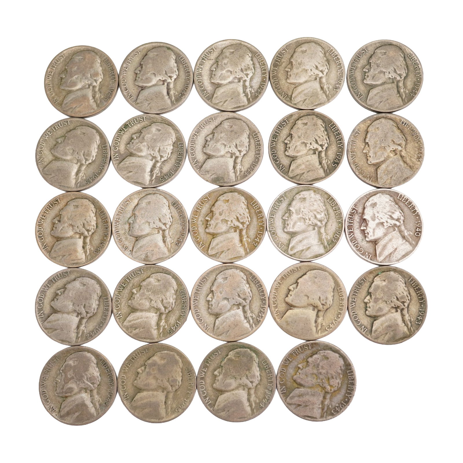 Lot of 24 Jefferson Wartime Nickel .350 Silver Coin, Circulated (1 of 2)