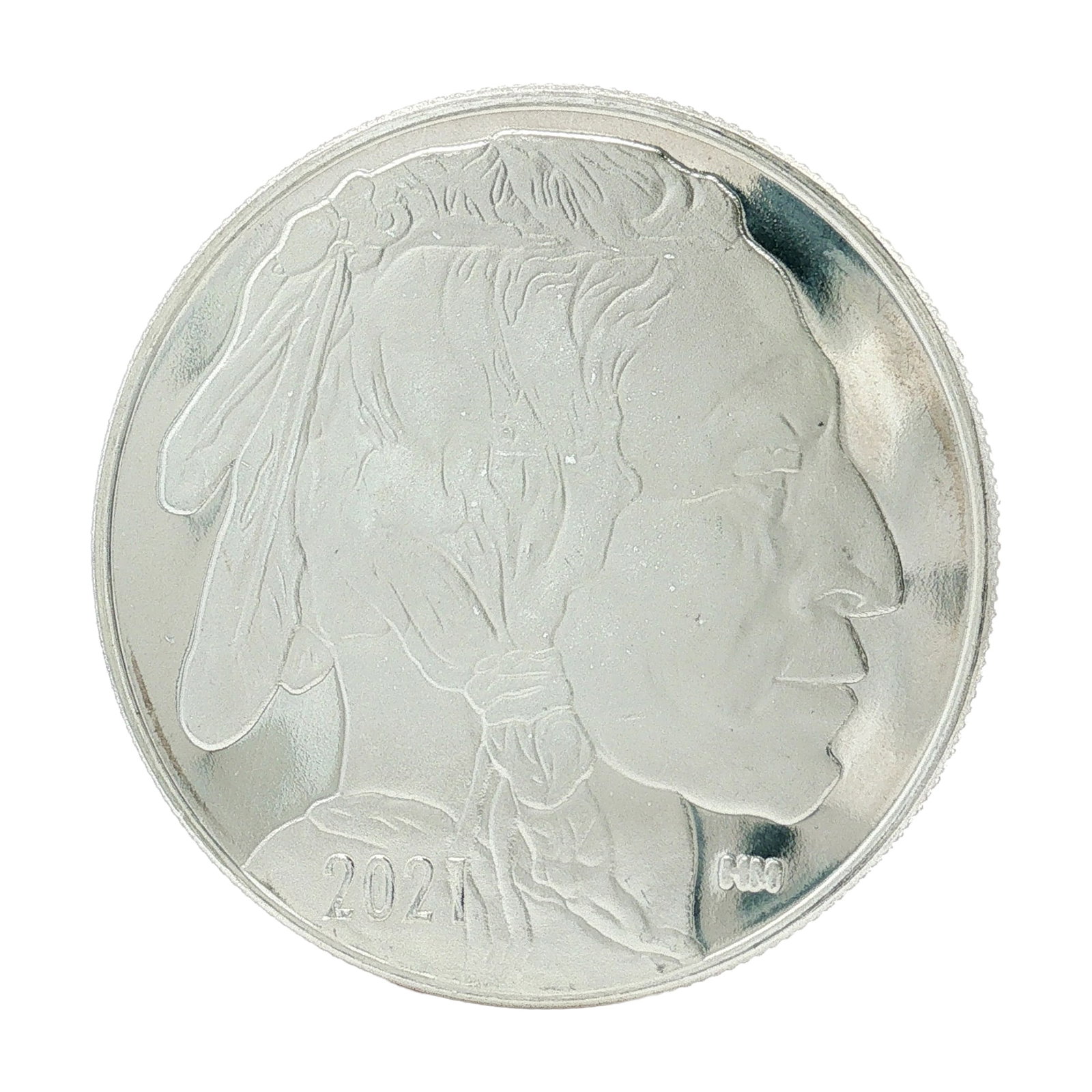 2021 Highland Mint 1 Troy Ounce Silver Bullion Round Coin: Each round is produced with .999 fine silver. Obverse is similar to James Earle Fraser's portrait of a Native American chieftain, facing right, with HM mark lower right. Reverse features a profile vie