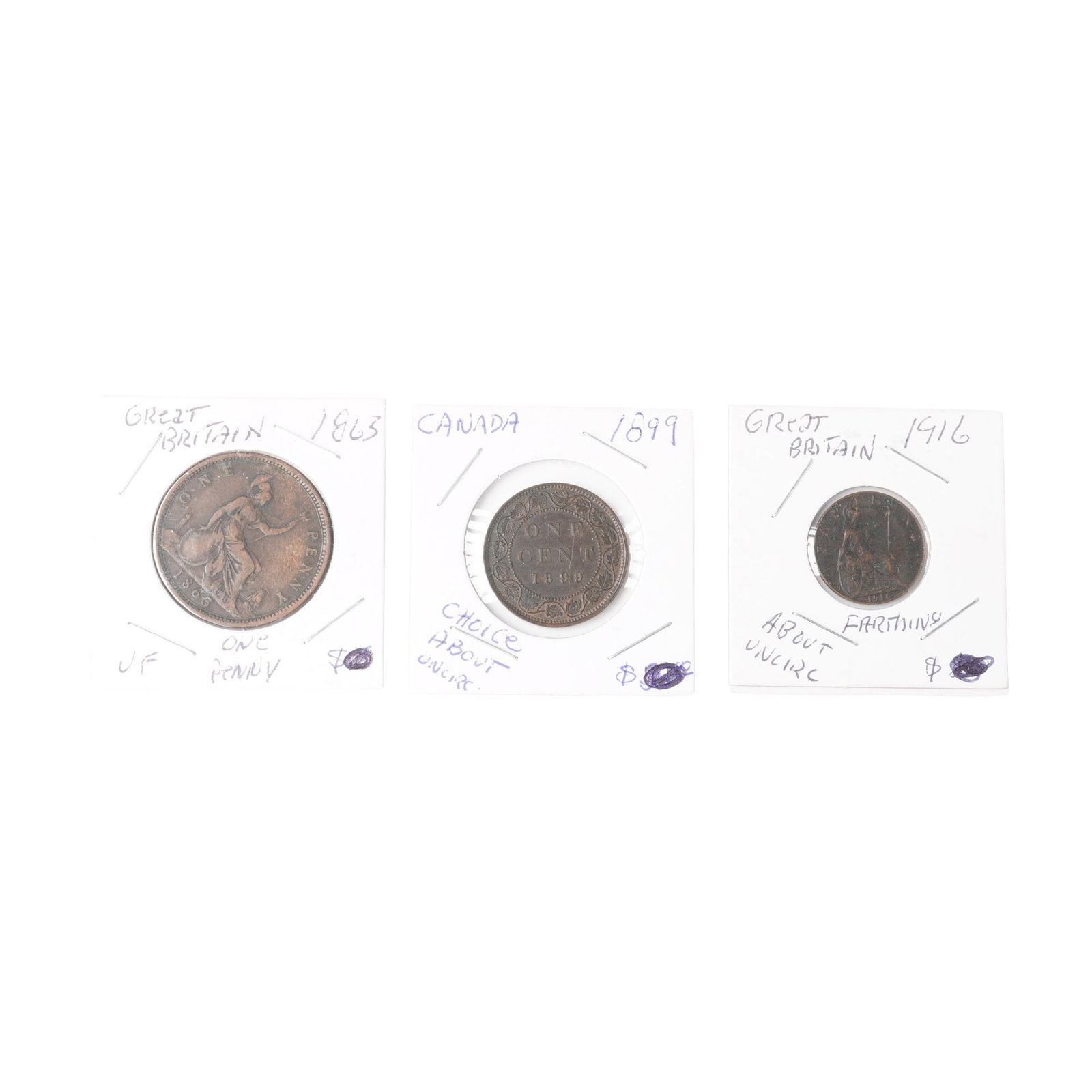 3pc 1863 to 1916 British Coins & 1899 Canadian Cent: This lot includes three historical copper coins from the 19th and early 20th centuries. The first is a Great Britain One Penny dated 1863, featuring the obverse portrait of Queen Victoria with the ins