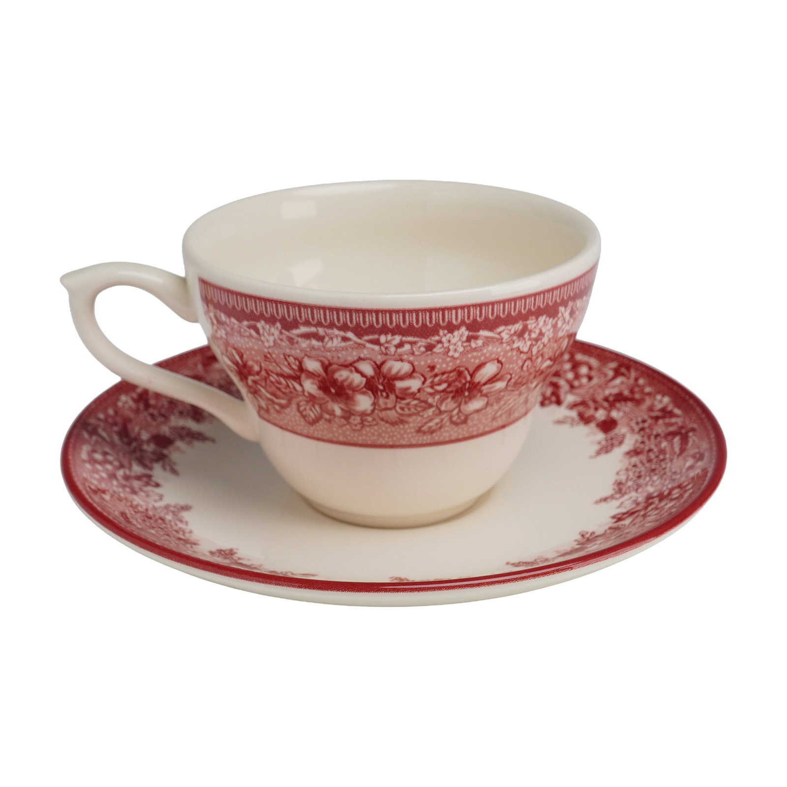 Josiah Wedgwood & Sons Mayfair for Williams-Sonoma Cup and Saucer: This cup and saucer set features the Mayfair pattern produced by Josiah Wedgwood & Sons for Williams-Sonoma. The cream-colored earthenware is decorated with red transfer-printed floral bands and borde