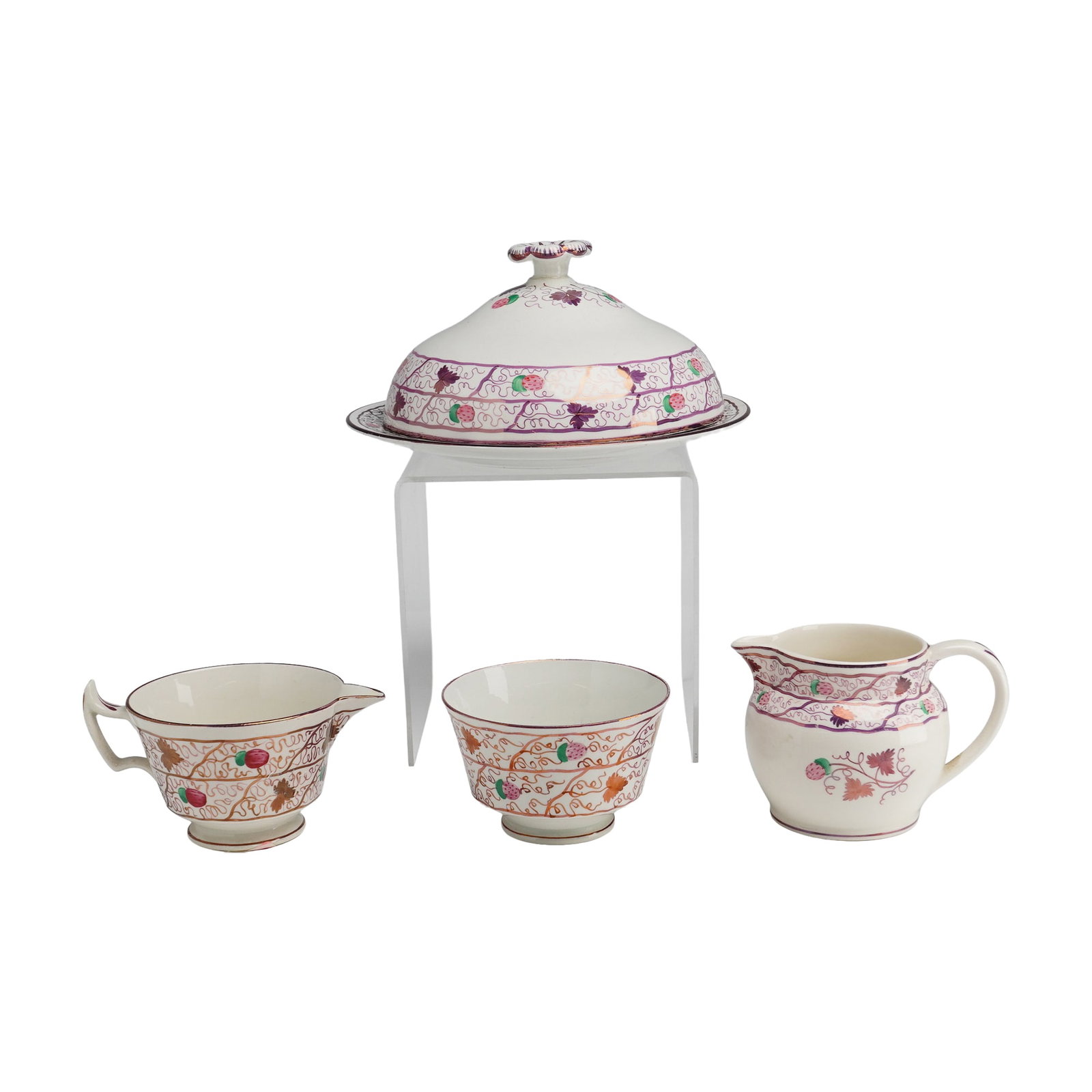 4pc Wedgwood Strawberry Lustre Open Sugar, Two Creamers, and Round Covered Butter Dish (1 of 3)