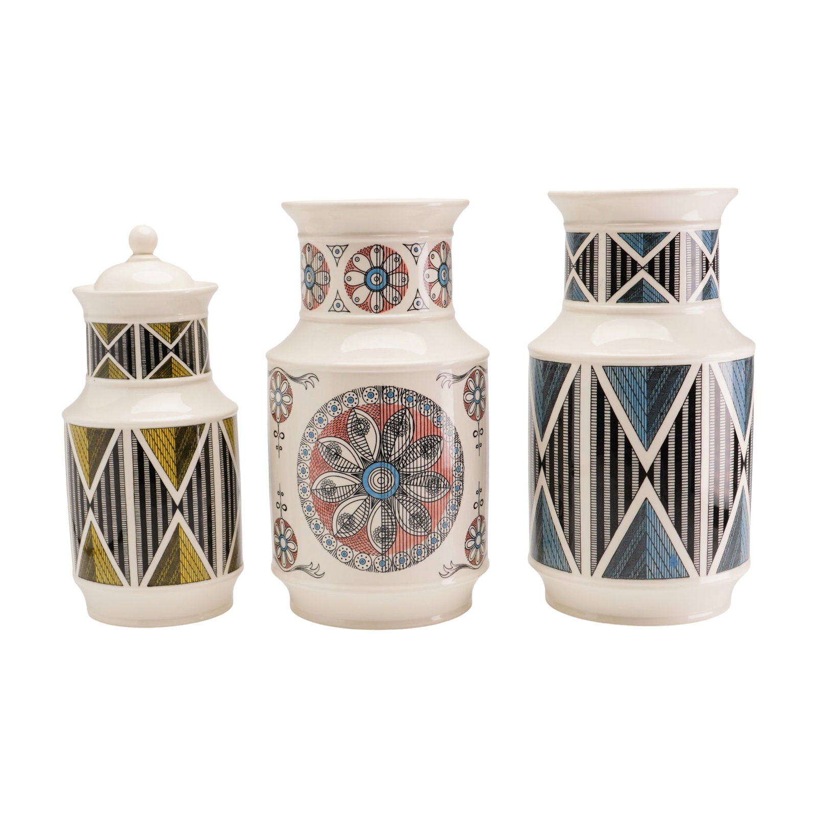Three Wedgwood Design 63 Queen's Ware Jars: Three Wedgwood glazed earthenware jars from the Design 63 series, produced in Barlaston and Etruria, England. This set includes one small jar with a domed lid and ball finial and two larger open-top j