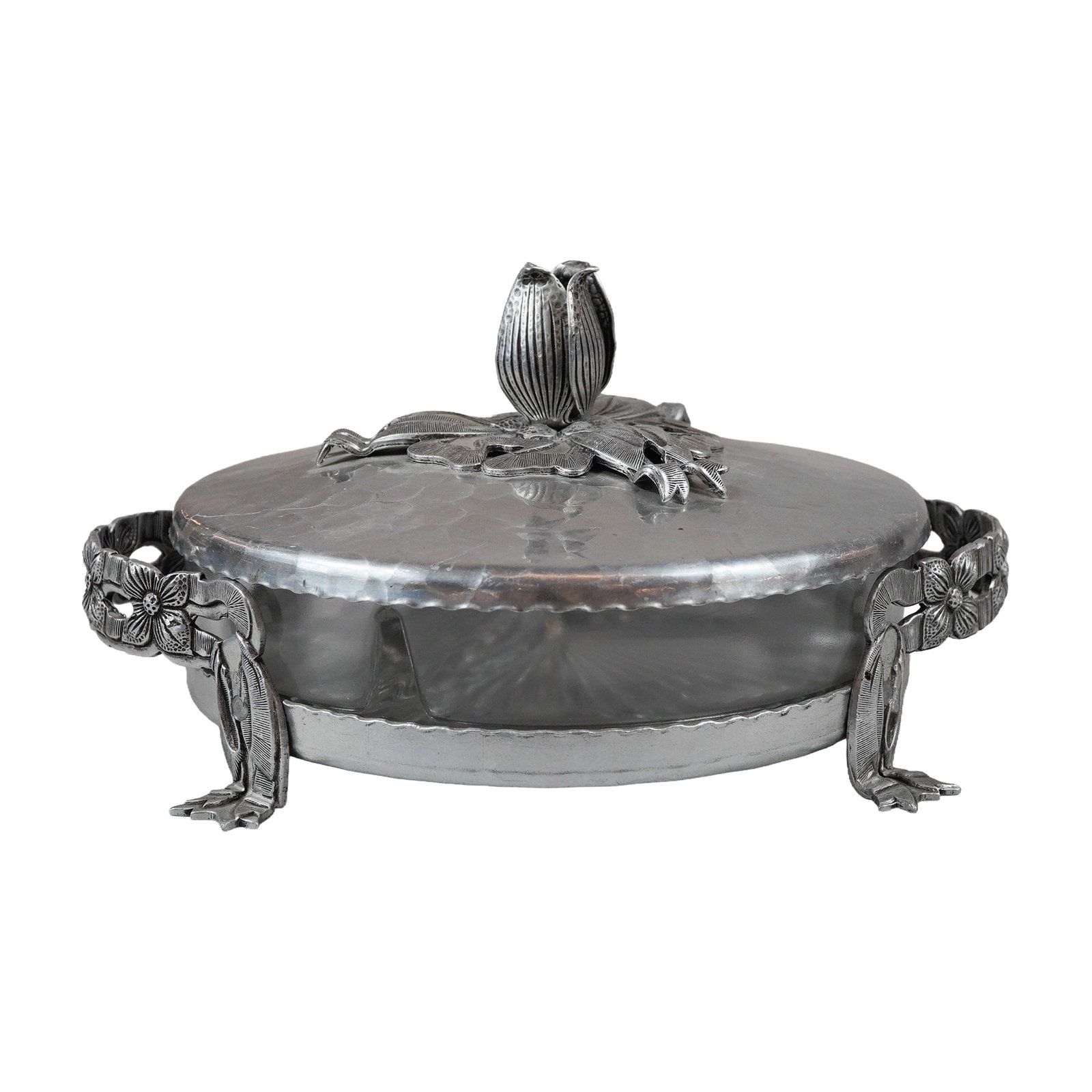 Aluminum and Glass Tripartite Relish Dish with Tulip Finial: A mid-20th-century lidded relish dish consisting of a three-part glass liner and a footed hammered metal frame. The circular frame is constructed from hand-hammered aluminum with a planished texture. 