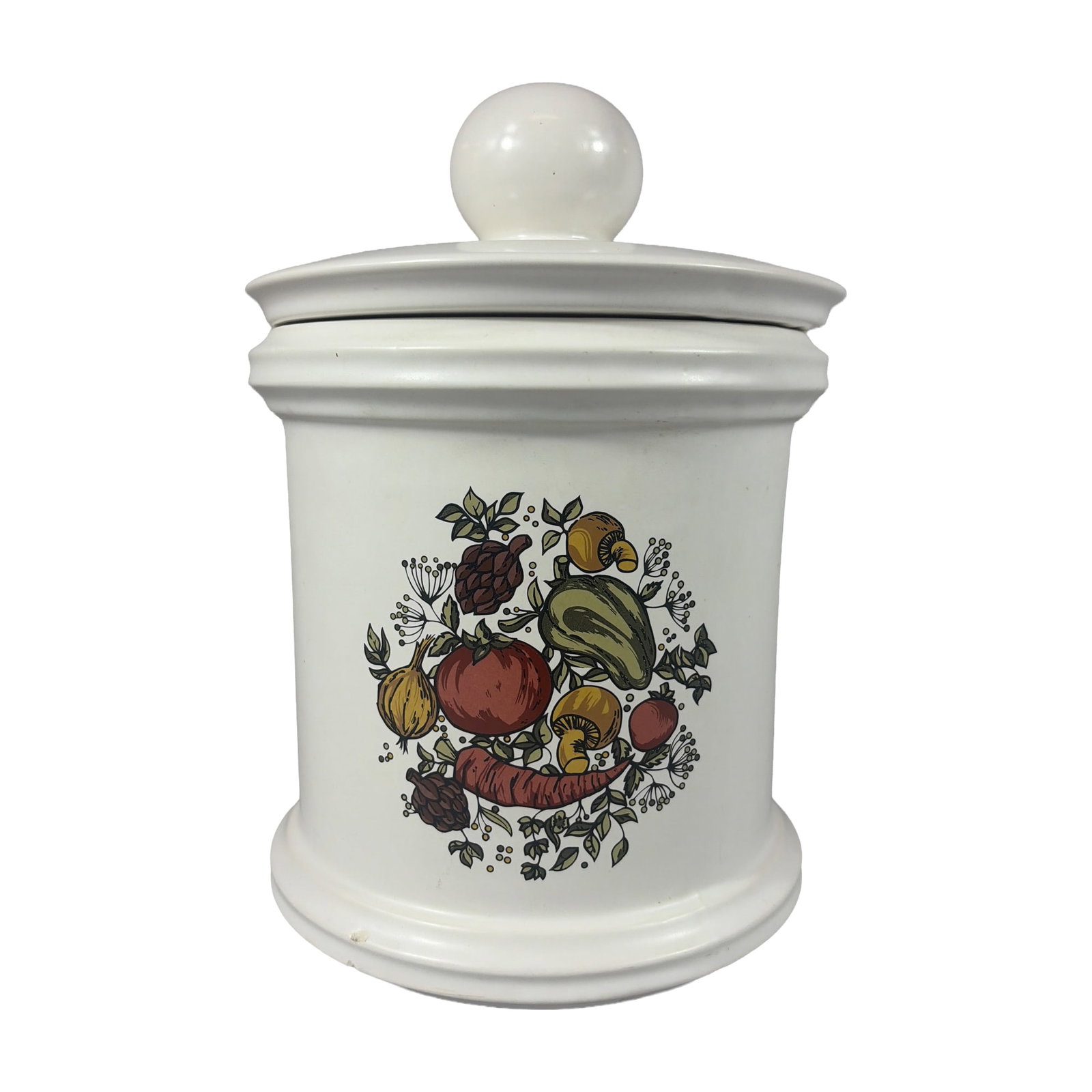 McCoy Pottery Spice Delight Ceramic Utility Canister: McCoy Pottery earthenware storage canister in the Spice Delight pattern. This piece features a cream-colored glazed cylindrical body with a flared rim and base, decorated with a colorful transfer-prin
