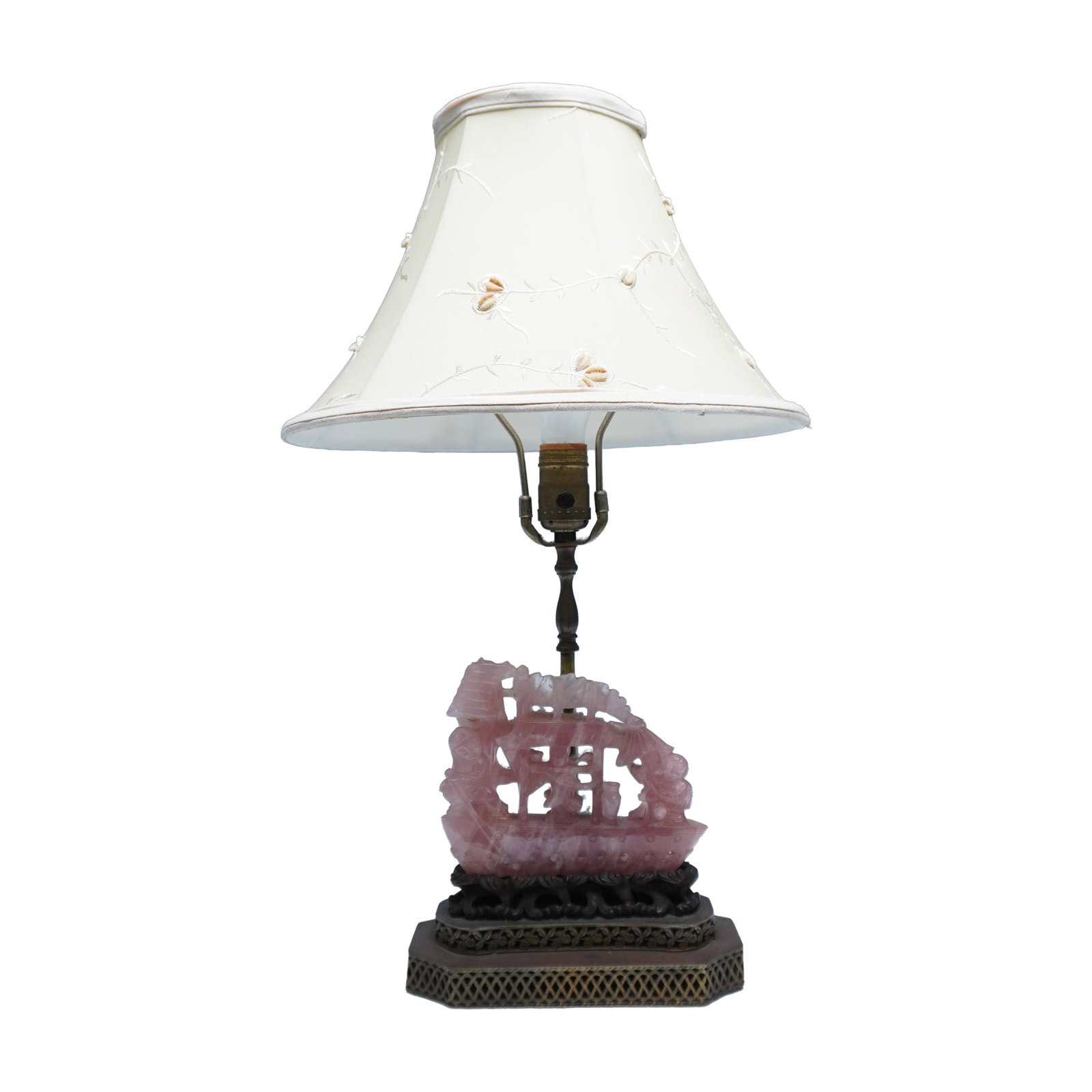 Carved Rose Quartz Ship Table Lamp and Shade (1 of 7)