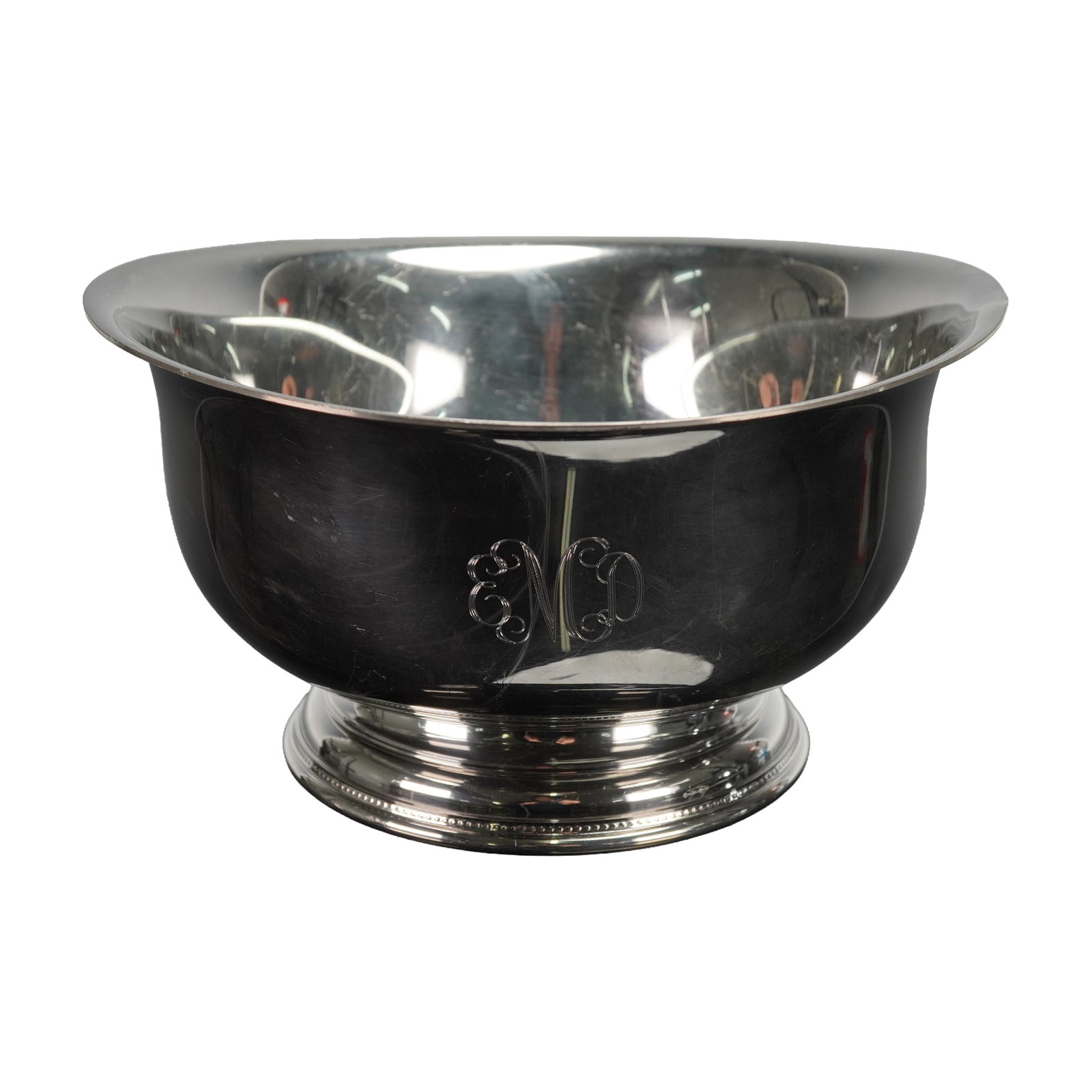 Salisbury Pewter Handcrafted Monogrammed Bowl: This handcrafted pewter bowl was made in the United States by Salisbury Pewter as part of the Images of America line. The exterior features a script monogram reading "EMD." The underside is marked Sal